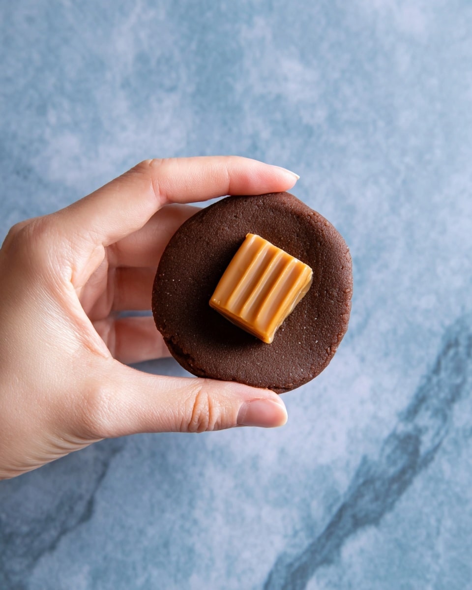 A woman's hand holds a small, round, flat piece of dark brown dough with a smooth texture. On top of the dough, there is a square piece of caramel-colored candy with ridged lines, placed at the center. The background is a white marbled surface. photo taken with an iphone --ar 4:5 --v 7