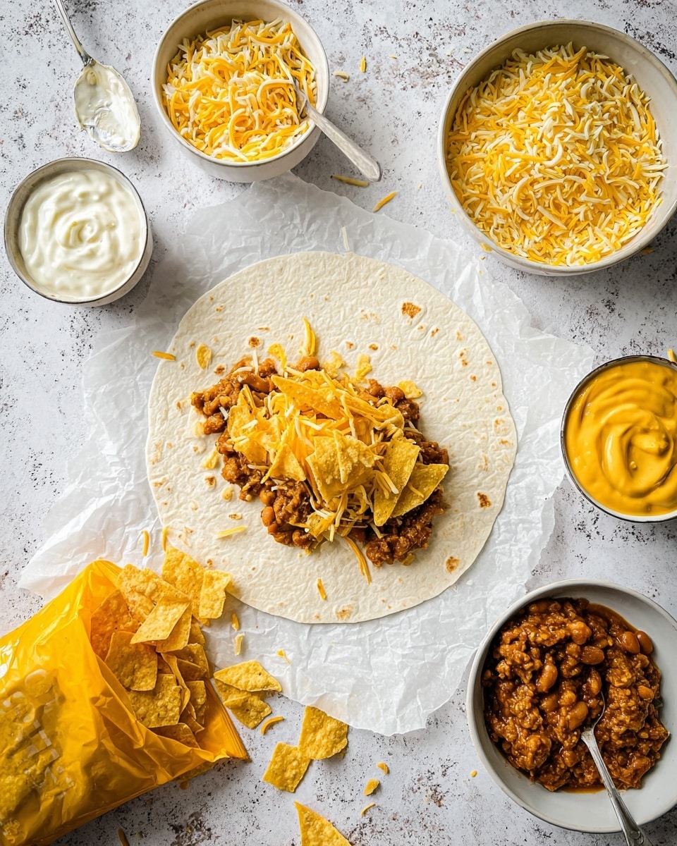 A white tortilla lies flat on crinkled white parchment paper, positioned at the center of the image. On the tortilla is a small pile of layers starting with seasoned ground meat mixed with beans, topped with shredded yellow and white cheese, melted creamy yellow cheese sauce, and crunchy, broken yellow corn chips scattered across the top. Around the tortilla are five round white bowls arranged on a white marbled surface: one with shredded yellow and white cheese, one with cooked yellow rice, one with white sour cream with a spoon, one with smooth yellow cheese sauce with a spoon, and one with a thick brown ground meat and bean mixture with a spoon. At the bottom left corner, an open yellow corn chips bag spills some chips onto the surface. Photo taken with an iphone --ar 4:5 --v 7