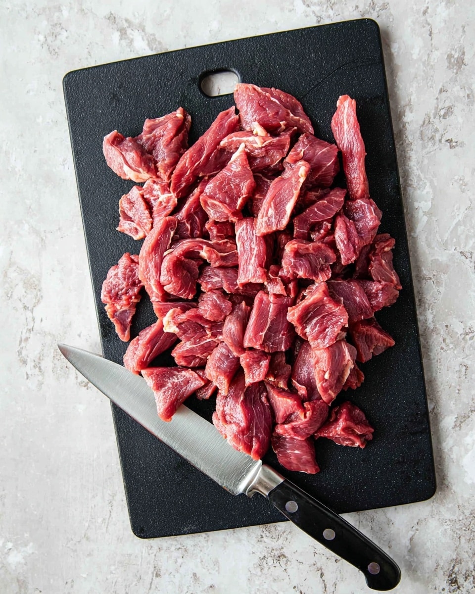 A black cutting board sits on a white marbled surface with many slices of raw red meat spread across it. The meat pieces are uneven in size and shape, showing a fresh, moist texture with a deep pink and red color. A large kitchen knife with a silver blade and a black handle rests diagonally across the lower left corner of the cutting board, positioned partially under the meat. Photo taken with an iphone --ar 4:5 --v 7