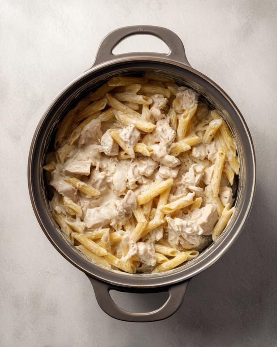 A dark gray pot with gray handles is filled with creamy pasta. The dish has two main layers: the bottom layer is light yellow penne pasta, and the top layer consists of white chunks of chicken mixed into the creamy white sauce that coats the pasta evenly. The pot is placed on a white marbled surface. photo taken with an iphone --ar 4:5 --v 7