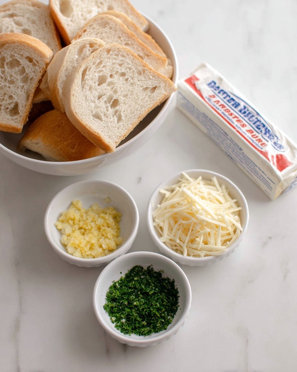 The image shows a white bowl filled with several slices of light brown bread that have a soft texture and some air holes. Below it, there are three small white ramekins arranged in a loose triangular shape: one contains finely chopped yellow garlic, one has bright green chopped herbs, and the last one is filled with pale shredded cheese. To the right of the ramekins is a stick of salted butter in a white wrapper with blue and red text. All the items are placed on a white marbled surface. photo taken with an iphone --ar 4:5 --v 7