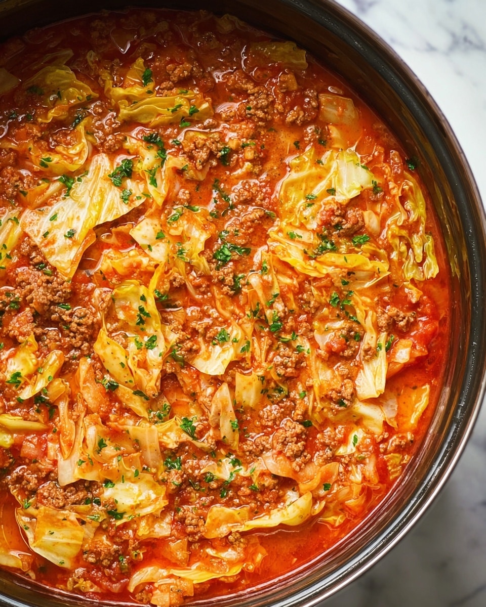 A white bowl filled with a thick stew-like dish that has a rich orange-red color from the tomato sauce. The dish has visible pieces of cooked ground meat mixed with soft yellow cabbage pieces and chunks of tomatoes. Small bits of green herbs are sprinkled on top, adding a touch of freshness. The bowl sits on a cloth with light and dark checkered patterns, and the background shows a white marbled surface with a wooden pepper grinder slightly out of focus. photo taken with an iphone --ar 4:5 --v 7