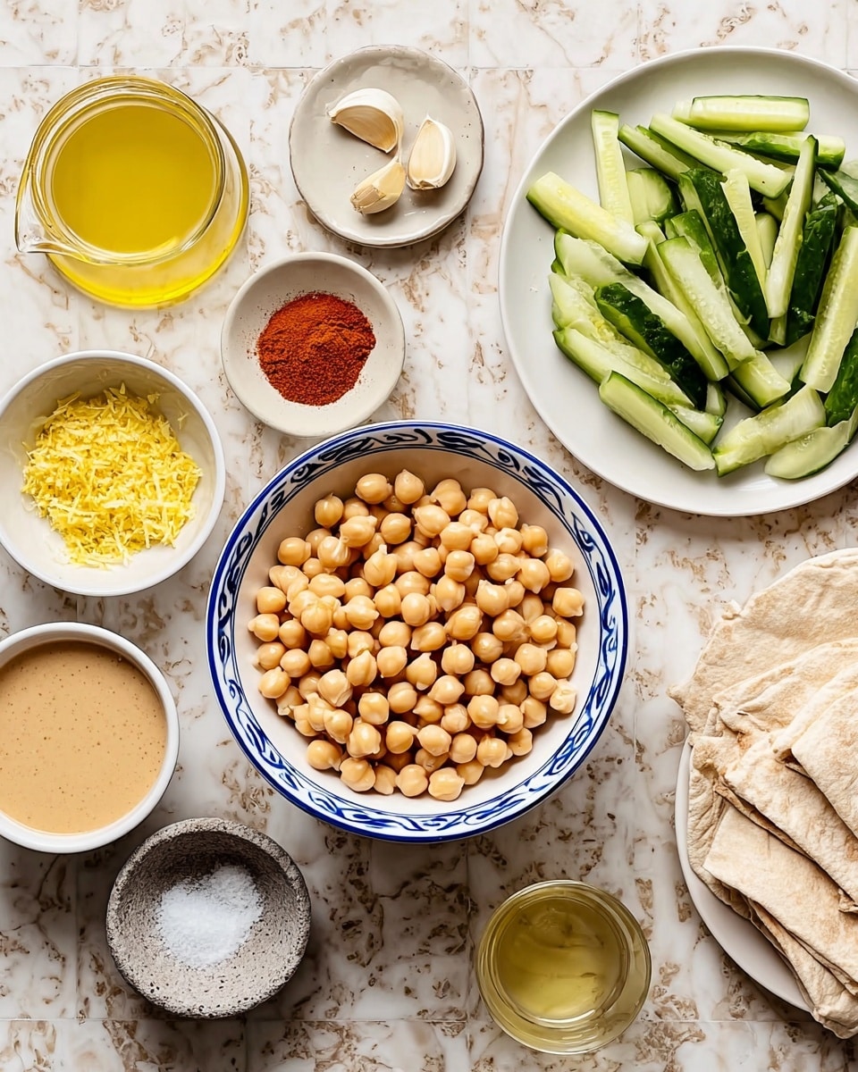 The image shows a white bowl with a blue rim filled with beige chickpeas in the center. Around it, on a white marbled surface, there is a white bowl of smooth tan tahini sauce, a small white bowl with shredded yellow lemon zest, a small white bowl with red paprika powder, a small beige bowl with two garlic cloves, a white cup of olive oil, a gray stone bowl of salt, a small glass of pale yellow lemon juice, and a glass jug of light yellow broth. To the right, a white plate holds folded pita bread with slices of green cucumber on top. Photo taken with an iphone --ar 4:5 --v 7