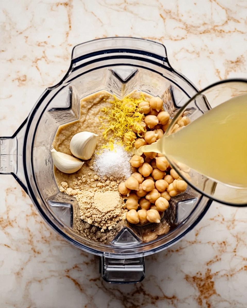 A clear blender container holds several layers of ingredients starting with a thick beige tahini paste on the bottom left, surrounded by tan chickpeas on the right side. On top of the tahini and chickpeas, there are two whole white garlic cloves, bright yellow lemon zest, and a small pile of white salt. A clear glass pitcher is pouring a light yellow liquid, likely lemon juice, into the blender from the lower right corner. The setup rests on a white marbled surface. photo taken with an iphone --ar 4:5 --v 7