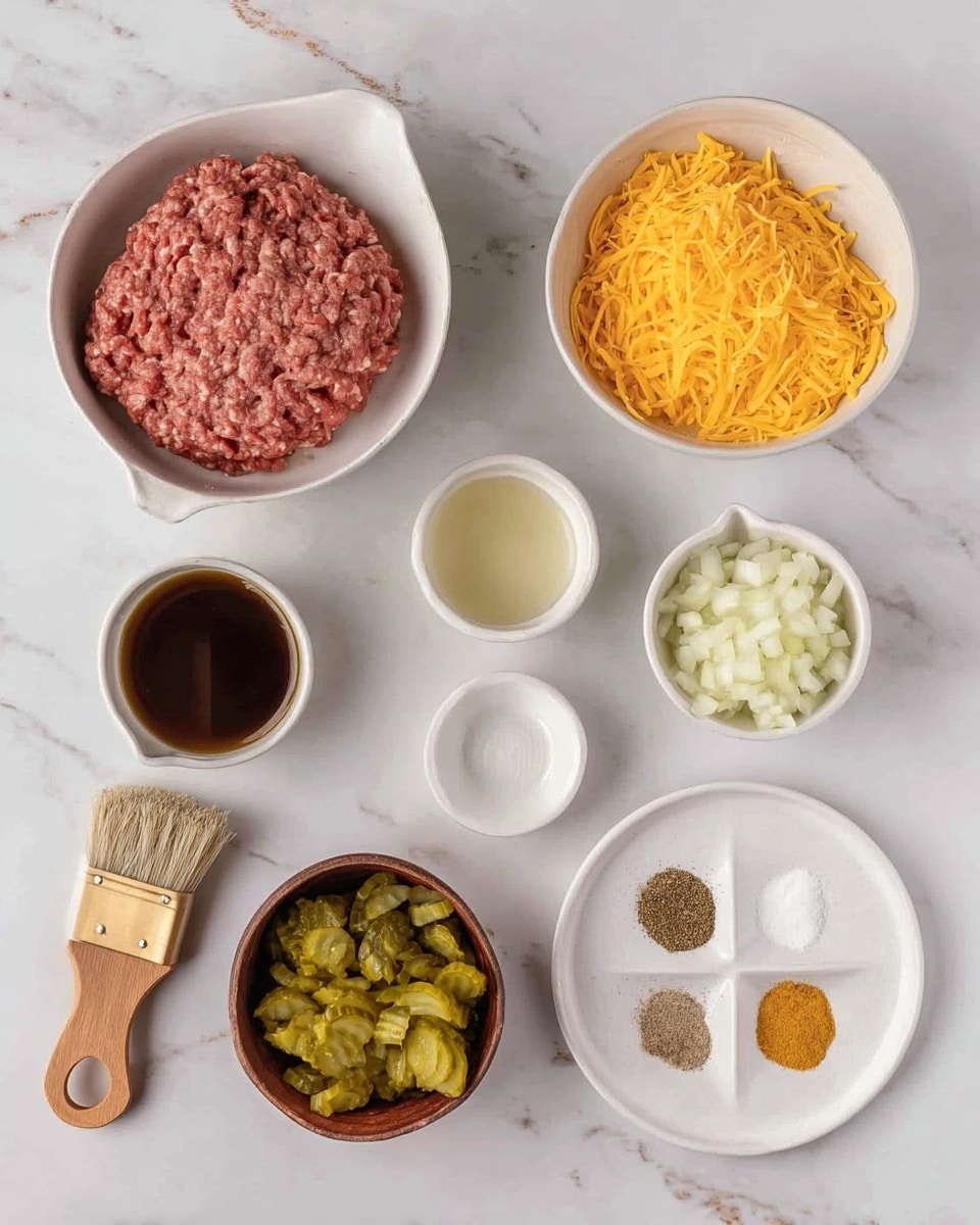 The image shows various ingredients arranged neatly on a white marbled surface. In the top left, a white bowl holds raw ground meat with a textured, reddish appearance. To the right, a white bowl is filled with bright orange shredded cheese. Below these, a small white bowl contains chopped onions, while another empty white bowl sits beside a wooden brush with brown bristles. On the bottom left, a small white bowl holds dark brown liquid, and next to it is a small brown bowl filled with chopped pickles that are greenish-yellow. Above the brown bowl, a white plate has six small piles of spices, showing colors like light brown, black, yellow, white, and off-white. The setup is clean and organized with ingredients clearly visible, placed on the white marbled background. Photo taken with an iphone --ar 4:5 --v 7