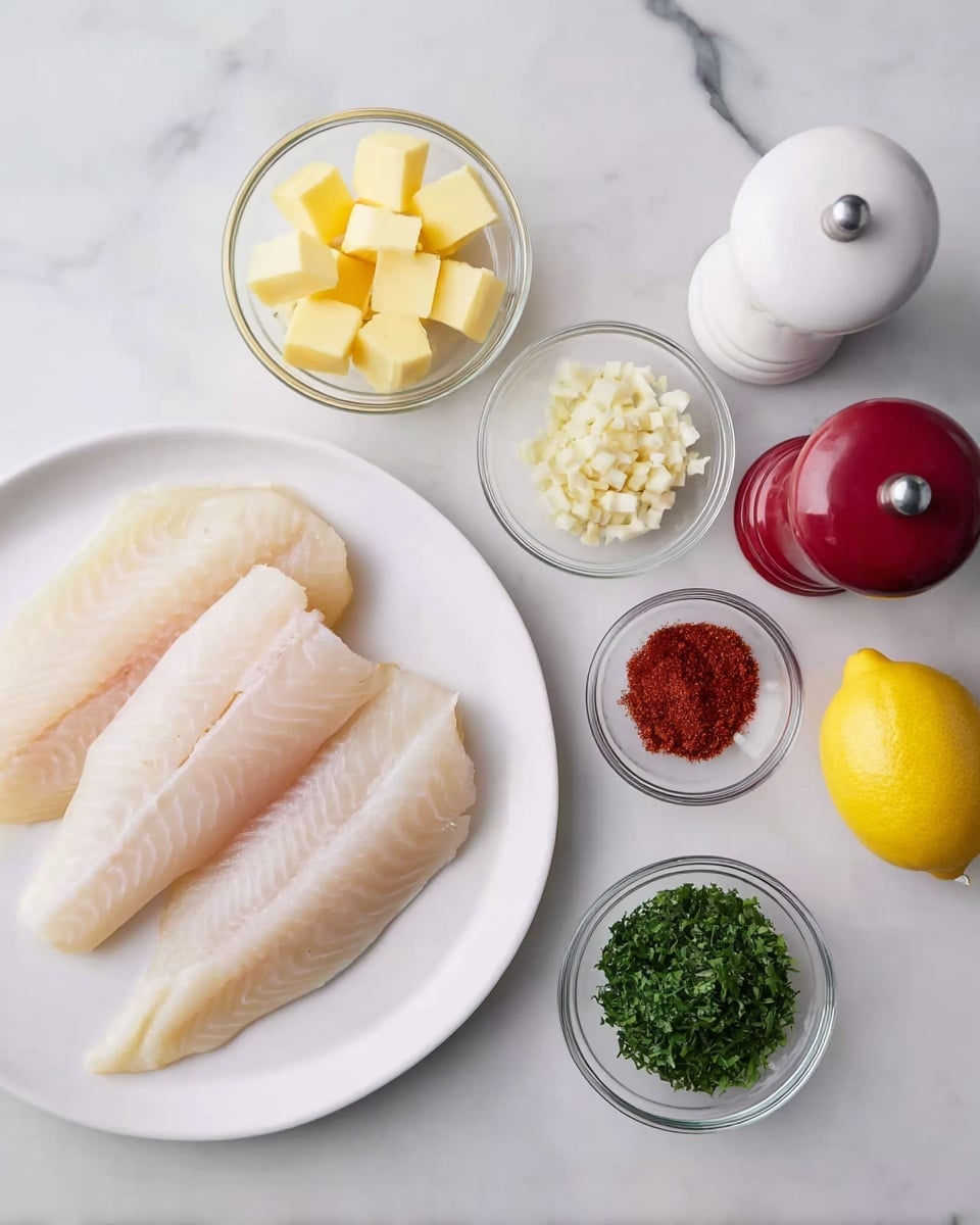 The image shows an arrangement of fresh ingredients on a white marbled surface. On the left, there is a white plate with three raw, pale beige fish fillets neatly placed side by side. Around the plate, there are small clear glass bowls containing bright yellow butter cubes, finely chopped green herbs, minced garlic, and a small heap of red spice powder. A whole yellow lemon is positioned near the top right, next to a white pepper grinder and a red pepper grinder, creating a balanced and clean layout of cooking elements. Photo taken with an iphone --ar 4:5 --v 7