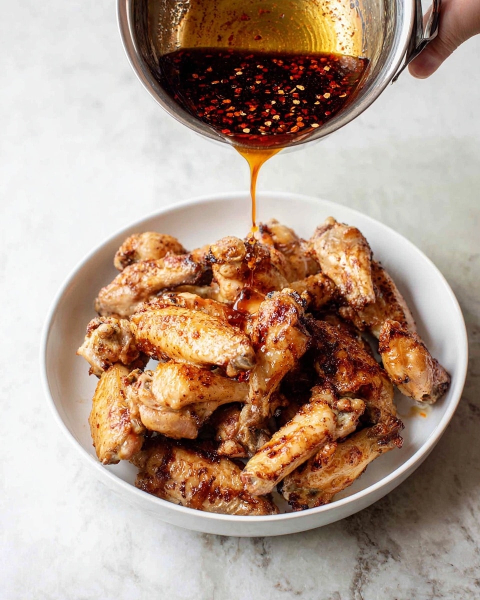 A white bowl filled with a large pile of cooked chicken wings showing a mix of light golden and brown colors with a slightly crispy texture. Above the bowl, a small silver sauce pan is tilted, pouring a thick dark red-brown sauce with visible black chili flakes onto the wings. The bowl rests on a white marbled surface, and a woman's hand lightly holds the handle of the pan. The scene is bright and clear, focusing on the sauce dripping onto the wings photo taken with an iphone --ar 4:5 --v 7