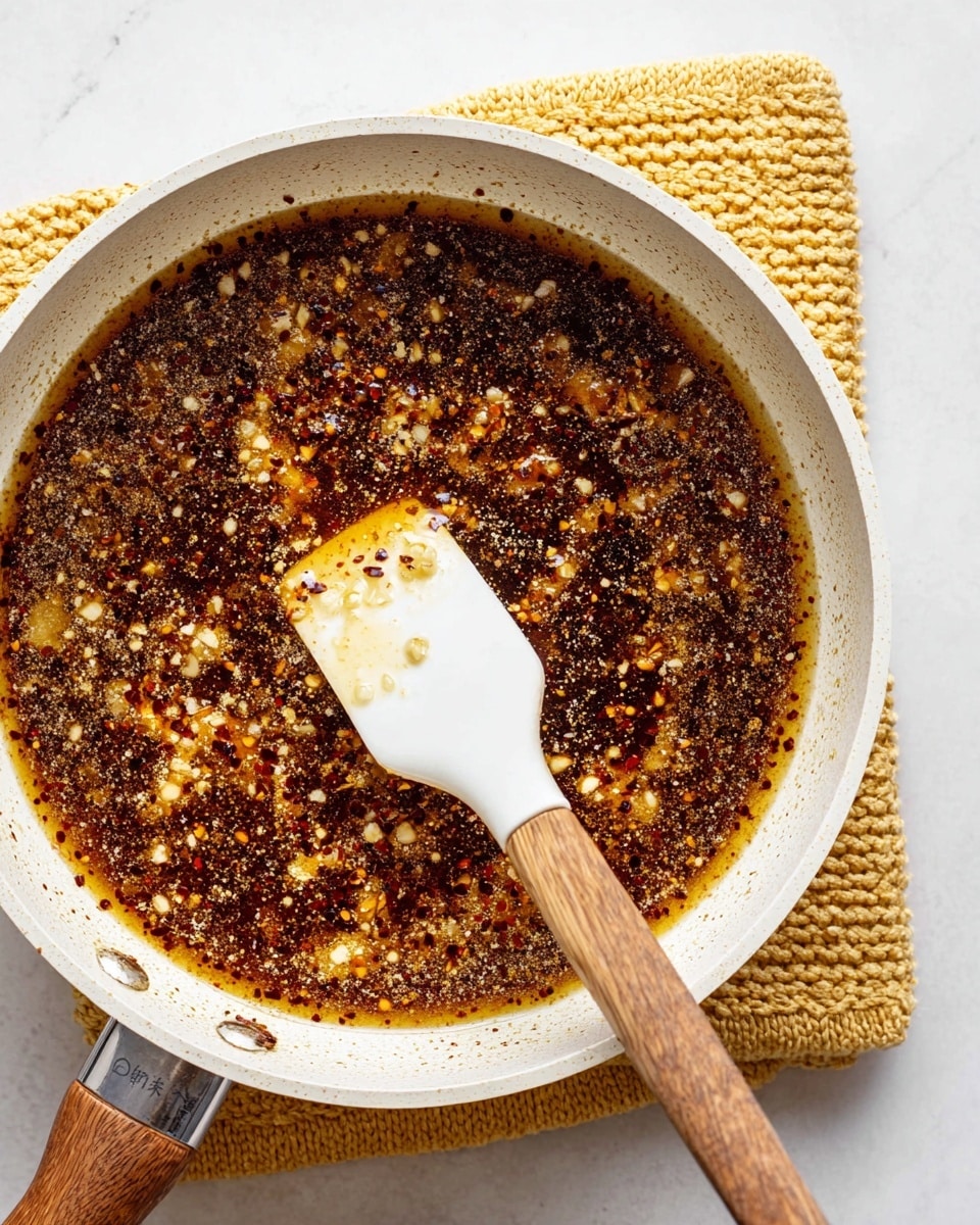 A white saucepan with a wooden handle sits on a yellow knitted pad atop a white marbled surface. Inside the pan, there is a dark brown liquid with visible bits of crushed red pepper and thin slices of garlic floating on top. A white spatula with a wooden handle stirs the mixture, showing a mix of oily and textured elements with a slightly bubbling surface. The colors inside the pan range from dark brown to light yellow, creating a rich and spicy visual effect photo taken with an iphone --ar 4:5 --v 7
