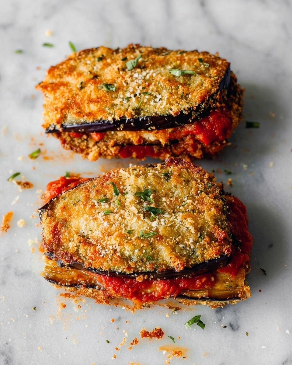Two pieces of eggplant parmesan lie side by side on a white marbled surface. Each piece has three main layers: a base of thick, crispy golden-brown breaded eggplant, topped with bright red tomato sauce that peeks out from the sides, and finished with a golden, slightly browned cheese layer mixed with herbs and spices, covering the top fully. Small bits of grated cheese and green herbs are scattered around the eggplants, adding texture and color contrast. The overall look is rustic and appetizing with warm tones of red, gold, and green. photo taken with an iphone --ar 4:5 --v 7