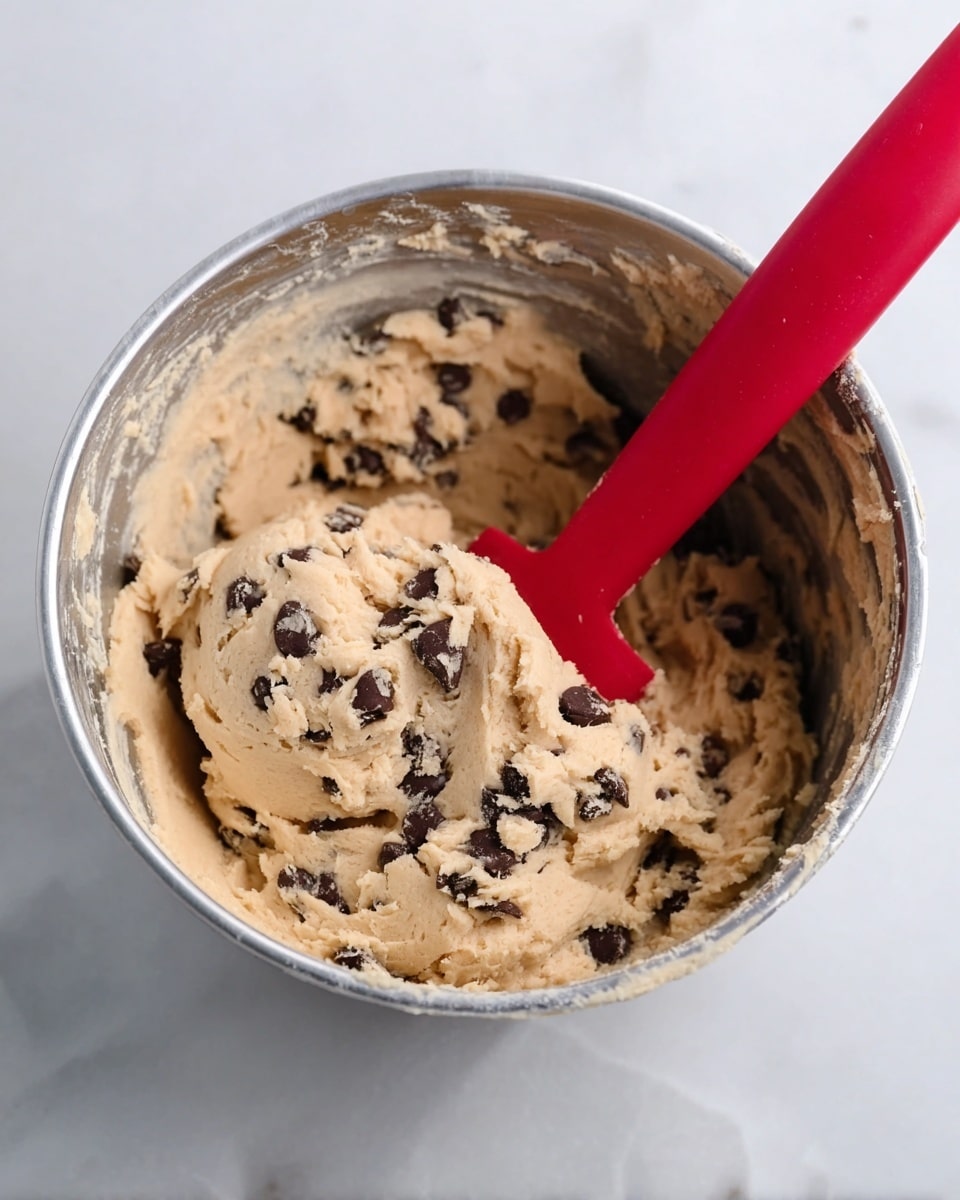 Inside a silver metal bowl filled with light tan cookie dough mixed with dark brown chocolate chips, a red silicone spatula is partly covered with the dough and placed on the right side of the bowl. The bowl sits on a white marbled surface. photo taken with an iphone --ar 4:5 --v 7