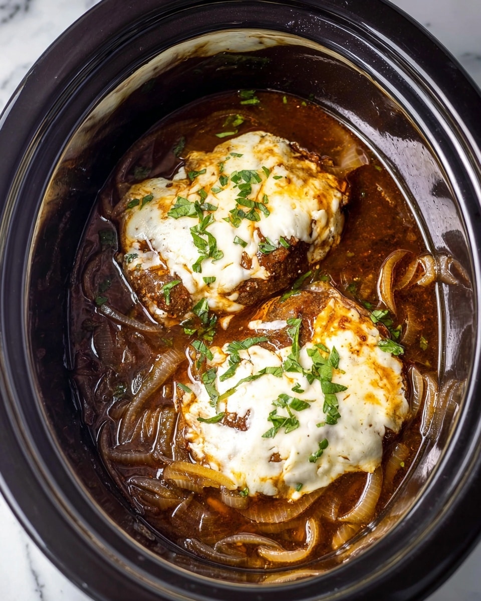 Inside a shiny black slow cooker, there are two thick pieces of cooked meat, each topped with melted white cheese that has a smooth, creamy texture and light brown spots. Around the meat, thin cooked onion strips with a translucent, golden-brown color float in a dark brown sauce. Small green herb leaves are sprinkled over the cheese, meat, and sauce. The slow cooker sits on a white marbled surface photo taken with an iphone --ar 4:5 --v 7