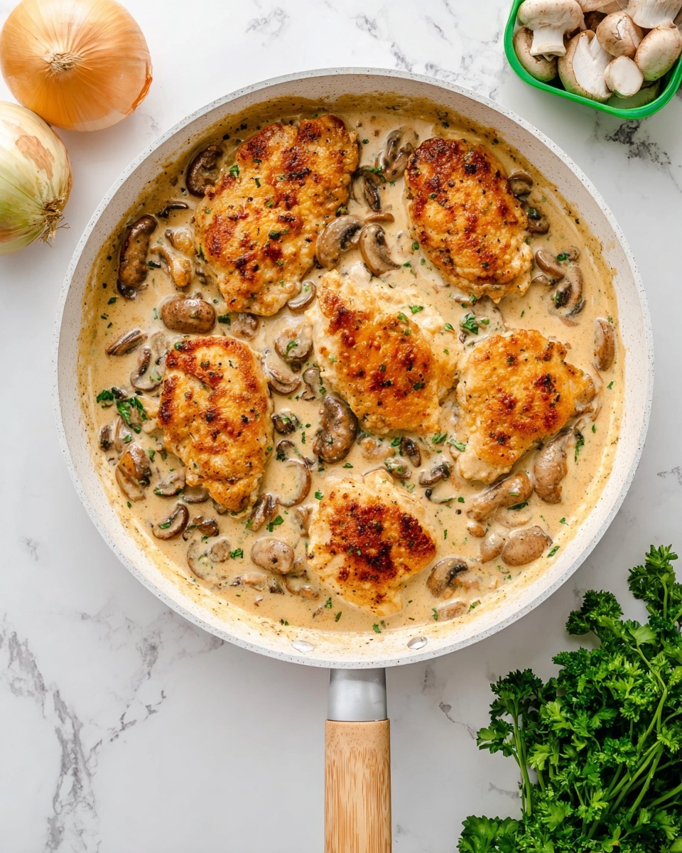 The image shows a white pan filled with six golden-brown cooked chicken pieces submerged in a creamy, light beige sauce with sliced mushrooms scattered throughout. The chicken pieces have a crispy texture and are placed in different directions, layered evenly across the pan. The sauce has a smooth, slightly thick consistency with mushroom slices adding texture and small dark spots of seasoning. The pan has a light wooden handle. Around the pan, on a white marbled surface, there is a bunch of fresh green parsley, a whole yellow onion, and a green container filled with raw mushroom slices. Photo taken with an iphone --ar 4:5 --v 7