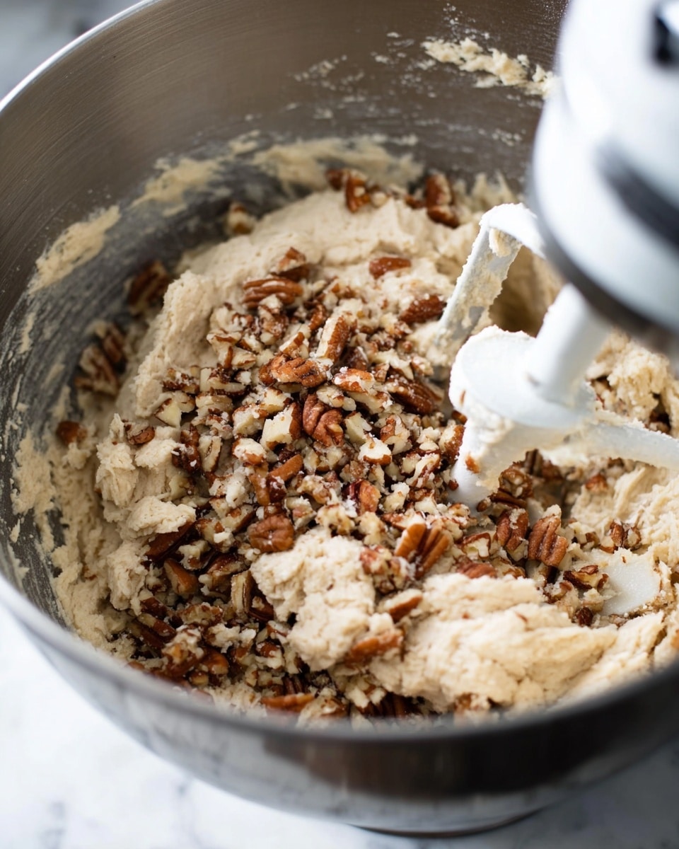 A close-up view inside a metal mixing bowl shows dough being mixed with chopped pecans. The dough is pale beige with a soft, slightly grainy texture, and the pecans are small, uneven pieces in rich brown colors scattered on top and partly mixed in. A white stand mixer paddle is inserted in the bowl, with dough sticking to it, and crumbs cling to the sides of the bowl. The scene is set on a white marbled surface. photo taken with an iphone --ar 4:5 --v 7