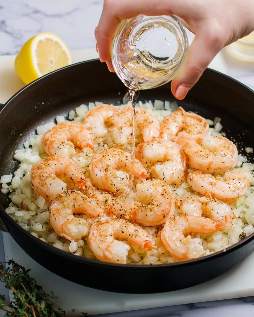In a black skillet, there is one layer of cooked shrimp, light orange and white with some bits of black seasoning, arranged in a circle with their tails inward. Beneath the shrimp, there is a layer of small, pale purple chopped onions spread evenly across the pan. A woman's hand is seen pouring a clear liquid from a transparent glass over the shrimp. The skillet rests on a white marbled surface with a lemon slice and green herbs nearby. photo taken with an iphone --ar 4:5 --v 7