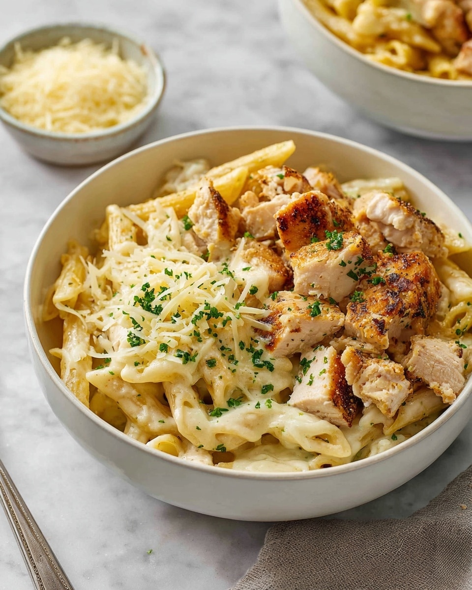 A bowl filled with three layers: the first layer is creamy white alfredo sauce coating the penne pasta which is pale yellow in color; the second layer consists of chunks of cooked chicken with a light brown crust and tender white inside; the third layer is thinly shredded cheese melted on top, sprinkled with small chopped green herbs evenly spread across the dish. The bowl is white and placed on a white marbled surface next to another similar bowl and a small bowl of grated cheese. photo taken with an iphone --ar 4:5 --v 7