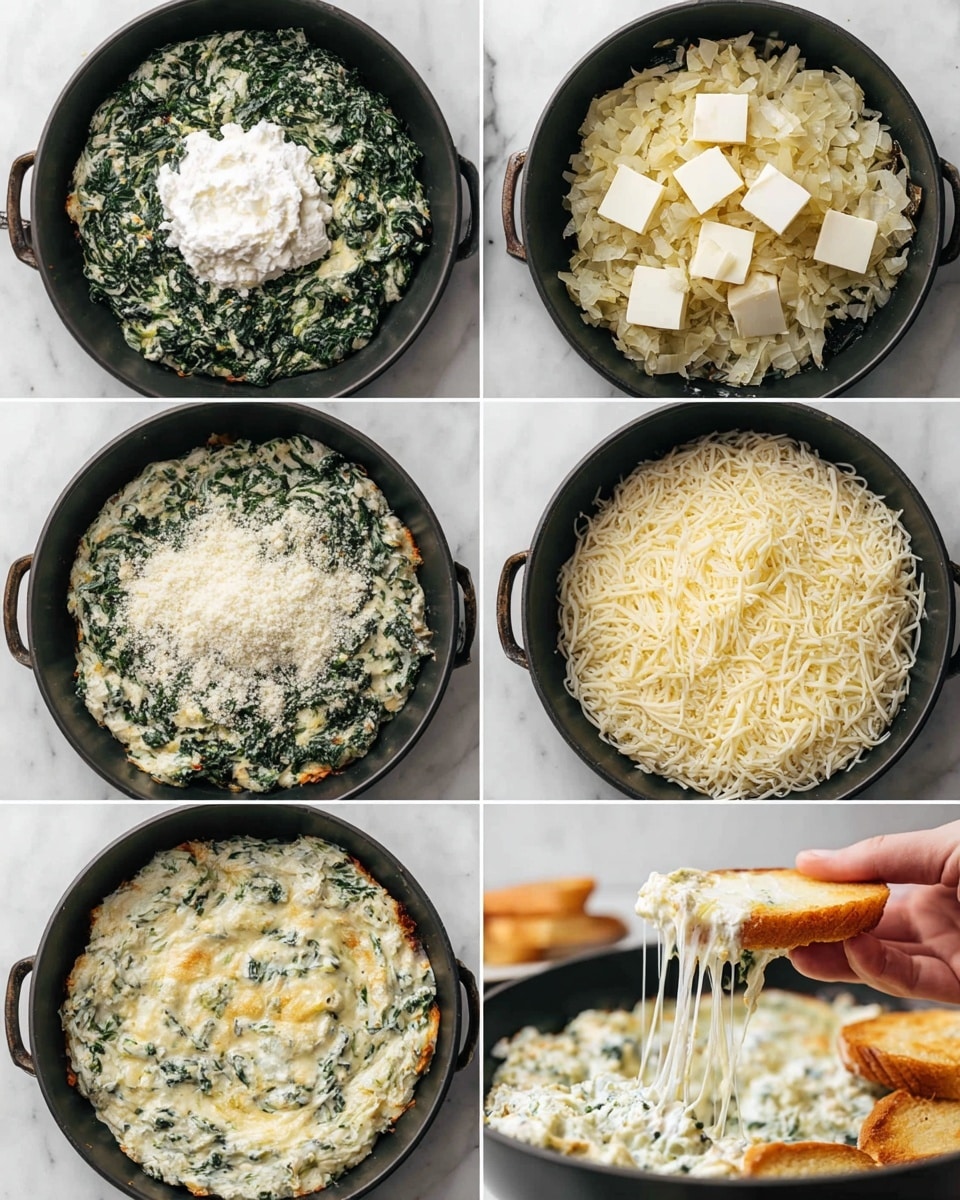 This image shows six steps of making a cheesy spinach and artichoke dip in a black pan on a white marbled surface. The first step has three layers: cooked chopped spinach, light beige chopped artichokes, and small bits of cooked onions, each in separate sections inside the pan. The second step adds a large dollop of white cottage cheese and several small blocks of cream cheese on top of the spinach and artichokes mixture. In the third step, the mixture is mixed well, showing a creamy texture blending the spinach, artichokes, and cheese evenly. The fourth step covers the whole top with shredded white cheese spread thickly. The fifth step shows the dip baked with melted cheese browned in spots, and golden toasted bread slices resting on the side of the pan. The last step captures a close-up of a woman's hand lifting a toasted bread piece with melted cheese stretching long and thick above the spinach and artichoke mixture. Photo taken with an iphone --ar 4:5 --v 7