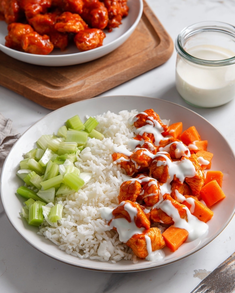 A white plate shows a dish with three main layers. The bottom layer is white rice, fluffy and spread evenly on one side. Next to the rice are chopped celery pieces in light green and chopped carrot pieces in bright orange, placed side by side. On top of the rice in the middle are small pieces of cooked chicken coated with a reddish sauce. White sauce is drizzled over the chicken and parts of the rice and celery. In the background, a white plate with more reddish chicken pieces sits on a wooden board, and a clear jar with more white sauce is placed next to it. The setting is on a white marbled surface. photo taken with an iphone --ar 4:5 --v 7