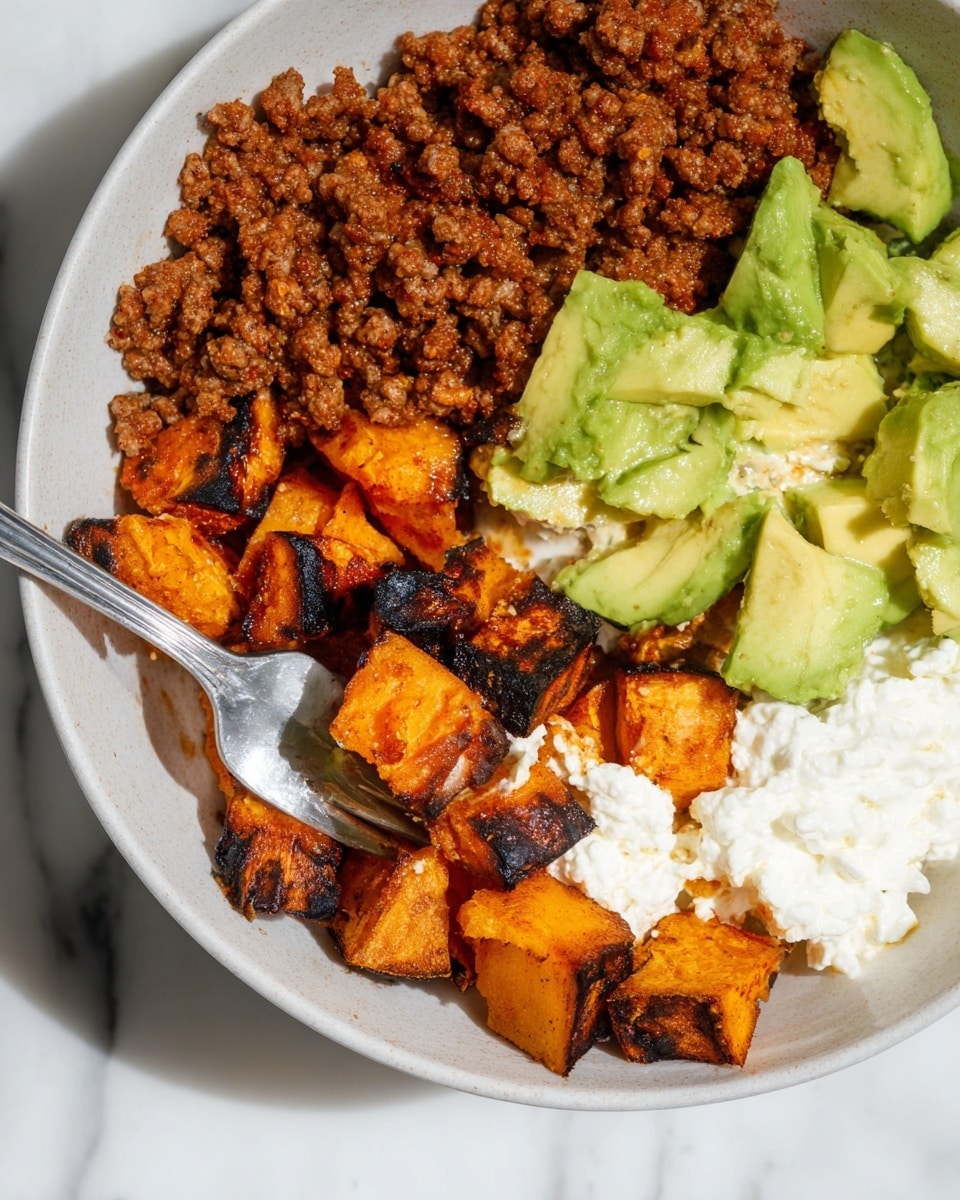 The dish shows a white bowl filled with four main layers placed side by side: at the top left is a cooked ground meat layer with a reddish-brown color and a slightly chunky texture; below that is a layer of roasted sweet potato cubes with dark char marks and bright orange flesh; to the right of the meat is a creamy white cottage cheese layer with a soft, lumpy texture; and at the top right are chunks of fresh avocado in light green shades with a smooth, slightly shiny surface. A silver fork holds a piece of the avocado and cottage cheese, resting on the bowl's edge. The bowl sits on a white marbled surface. Photo taken with an iphone --ar 4:5 --v 7