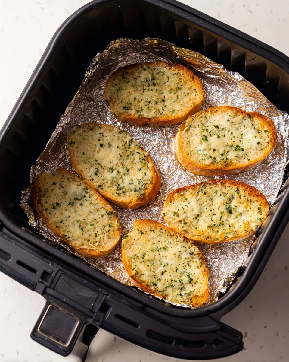 Inside a black air fryer basket lined with crumpled silver foil, there are six pieces of garlic bread arranged in two rows. Each piece is a small oval slice of toasted bread topped with a layer of melted cheese mixed with chopped green herbs, giving the surface a speckled green and creamy white texture. The edges of the bread are golden brown, contrasting with the softer, cheesy topping. The background is a white marbled surface. photo taken with an iphone --ar 4:5 --v 7