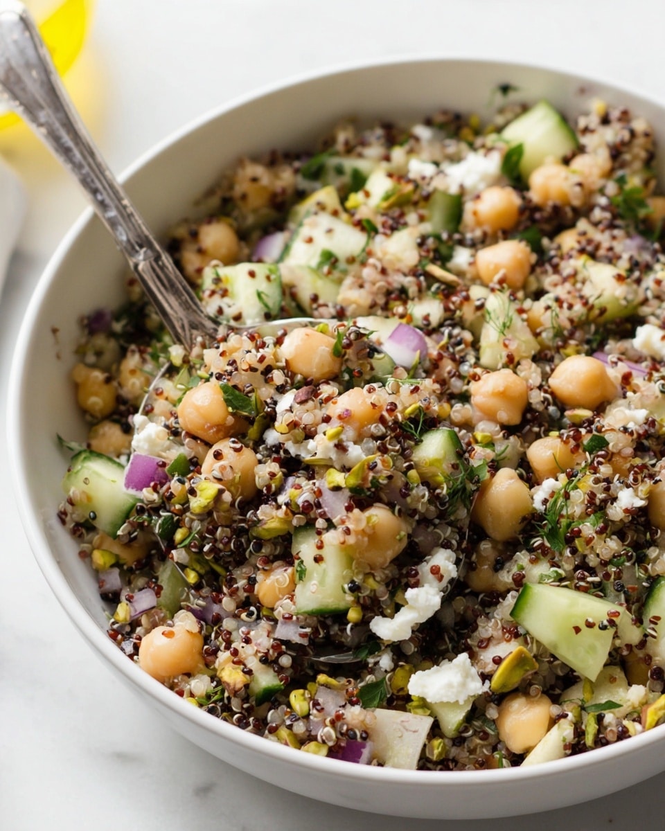 The image shows a clear glass bowl filled with a mixed salad. The salad has three main layers mixed together: light brown chickpeas, small white and black quinoa grains, and chopped green cucumbers. There are small pieces of white cheese, bits of red onion, and fresh green herbs spread evenly throughout the salad. The colors are natural and fresh with a mix of beige, white, green, and purple. The bowl is placed on a white marbled surface. photo taken with an iphone --ar 4:5 --v 7