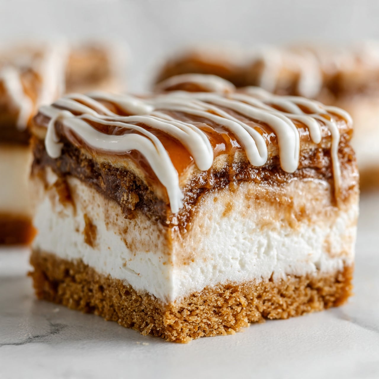 The image shows a close-up of a three-layer square dessert piece on a white marbled surface. The bottom layer is a thick, soft-looking golden cake with a slightly crumbly texture. Above that is a middle layer of smooth, creamy white filling with some thin swirls of light brown, giving it a marbled effect. The top layer is a thin brown layer, and it’s covered with a thick drizzle of shiny white icing in curved lines across the surface. The edges are clean, showing the distinct layers clearly. Photo taken with an iphone --ar 4:5 --v 7