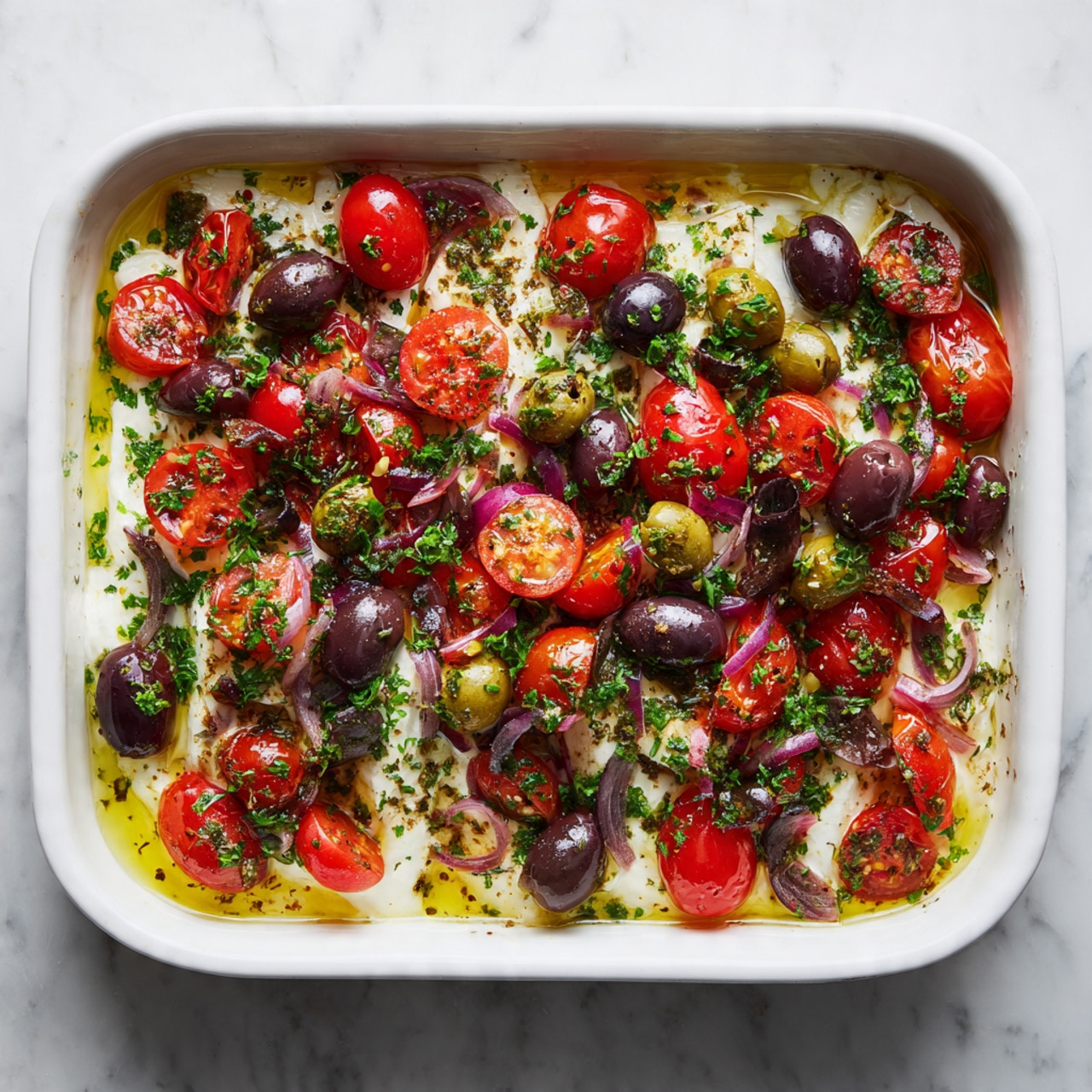 The image shows a white rectangular baking dish with a cooked white fish fillet at the bottom, covered by a thick layer of halved red cherry tomatoes and small pieces of purple onions scattered on top. Among the tomatoes and onions are black and green olives, adding dark and muted green colors. The entire dish is bathed in a yellow olive oil sauce that has some visible herbs and spices. The edges of the fish and the sides of the dish show some light brown marks from cooking. The baking dish rests on a white marbled surface. photo taken with an iphone --ar 4:5 --v 7