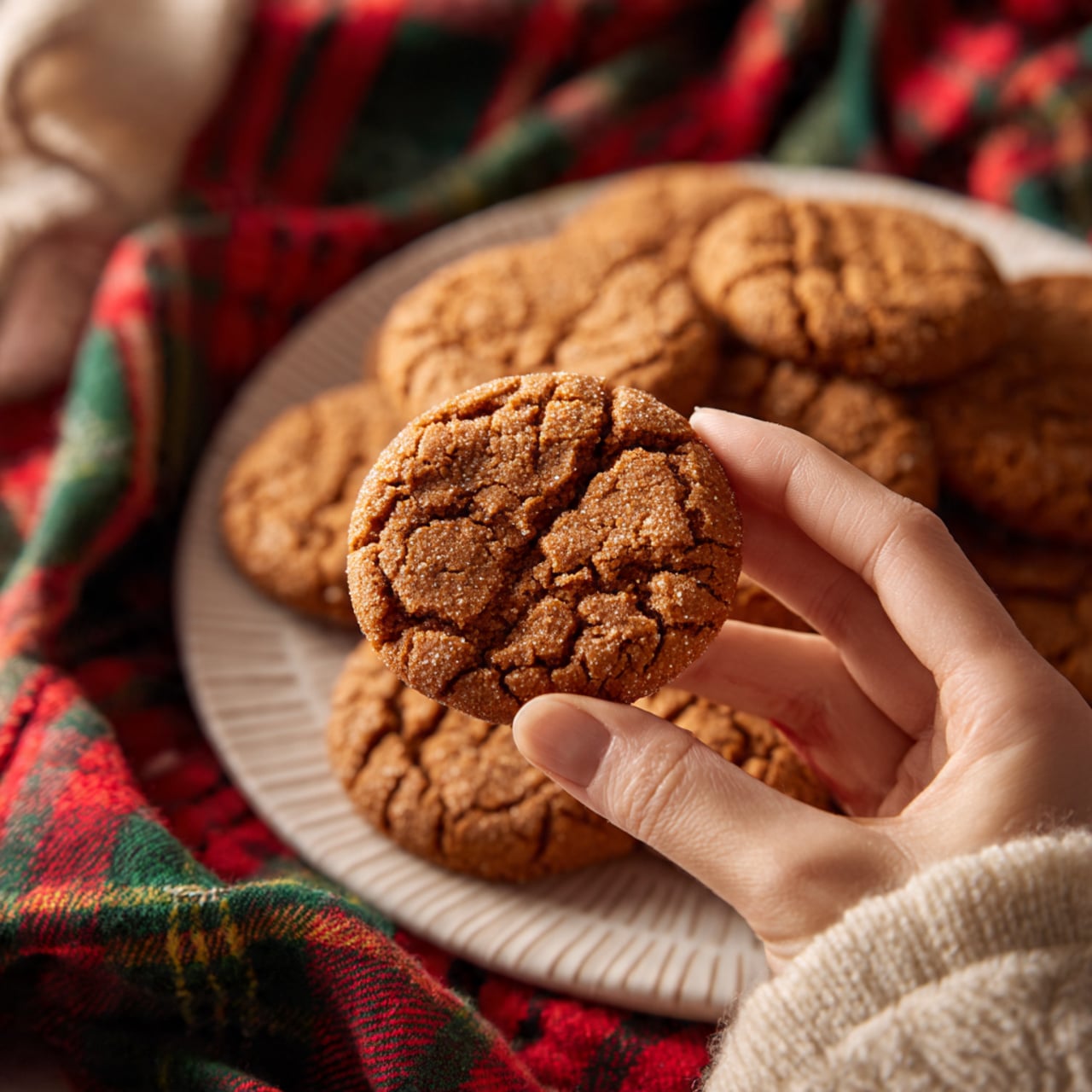 A woman's hand is holding a broken open soft brown cookie close to the camera, showing its textured inside with small holes and crumbs. Behind it, there is a round white plate full of similar brown cookies, all with cracked tops and slightly rough surfaces. The white marbled background is partly covered by a red, green, and white plaid cloth in the upper left corner. The whole scene has warm tones and cozy feel. Photo taken with an iphone --ar 4:5 --v 7