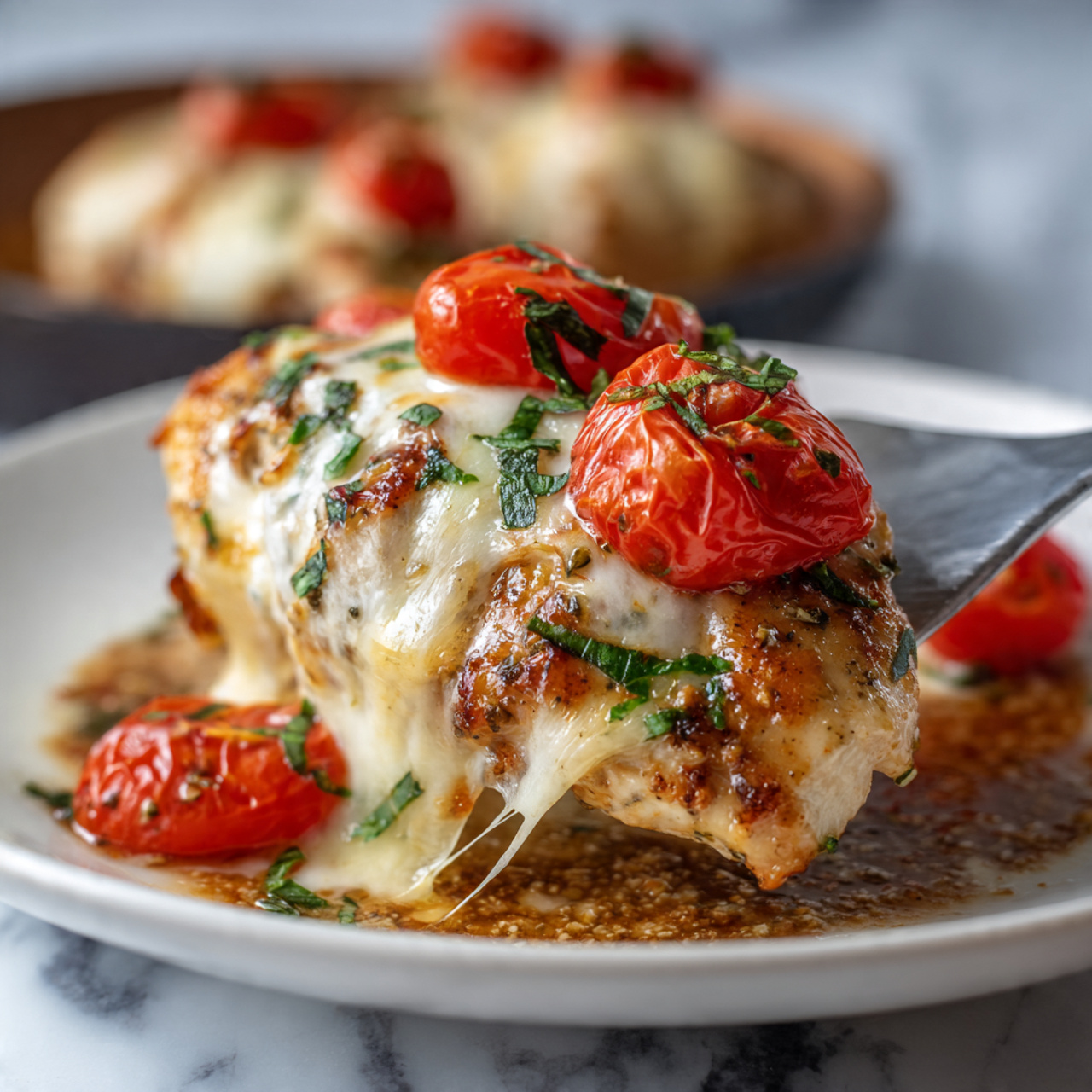 The dish shows a close-up of a cooked chicken piece lifted from a white pan with a spatula. The chicken is topped with a melted layer of white cheese, with cherry tomato halves that are bright red and slightly soft, placed on top and around the chicken. A few chopped green basil leaves are scattered over the cheese and tomatoes. The pan contains more chicken pieces with the same toppings sitting on a browned, textured sauce base at the bottom. The background is a white marbled surface. photo taken with an iphone --ar 4:5 --v 7