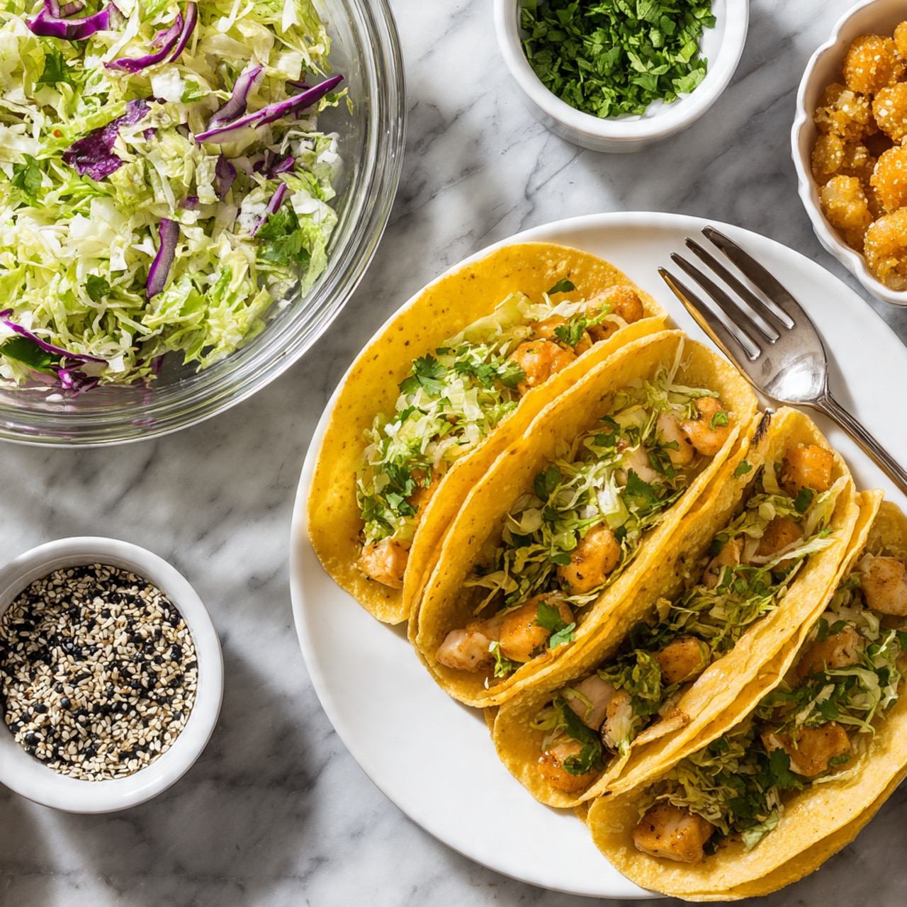 A white plate holds a neat circle of small golden-brown crispy taco shells filled with light brown cooked chicken pieces, each shell folded in half and arranged uniformly to create a layered look; above and to the side, there is a clear glass bowl of salad with mixed green and purple cabbage, some shredded light green vegetables, and a silver fork resting inside; next to it, two small white bowls contain chopped fresh green herbs and a black and white sesame seed mix, all set on a white marbled surface photo taken with an iphone --ar 4:5 --v 7