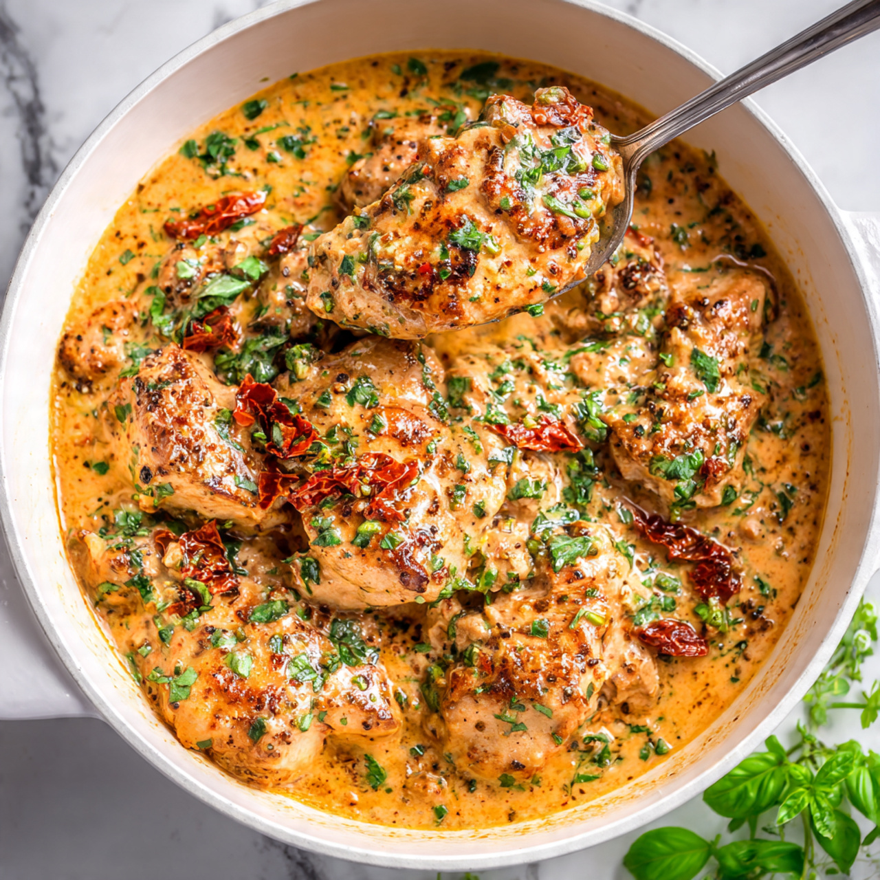 A close-up of a white cooking pot filled with creamy orange sauce covering pieces of golden-brown cooked chicken layered with bits of green basil and red sun-dried tomatoes. The sauce looks thick and smooth with visible herbs scattered throughout. A silver spoon lifts some of the sauce, showing its rich texture. The pot sits on a white marbled surface with some green basil leaves visible near the bottom. photo taken with an iphone --ar 4:5 --v 7