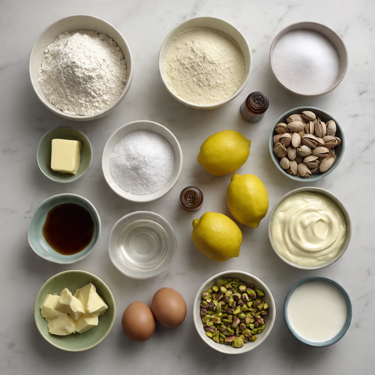 This image shows 16 small white bowls and items arranged in four neat rows on a white marbled surface. The top row has a bowl of white flour on the left, a small bowl of salt in the middle, and a bowl full of white sugar on the right. The second row features a bowl of butter on the left, a small bowl with dark brown liquid in the middle, and two bright yellow lemons on the right, one whole and one sliced in half to show the inside. The third row contains a bowl of white granulated sugar on the left, a clear liquid in a bowl next to it, two brown eggs to the right, and a bowl of light milk on the far right. The fourth row has a bowl with chopped green pistachios, a bowl with whole pistachio nuts, a bowl of white cream, and two small brown bottles sitting side by side. The colors are soft with whites, yellows, browns, and greens, all placed in a calm white marbled setting. photo taken with an iphone --ar 4:5 --v 7