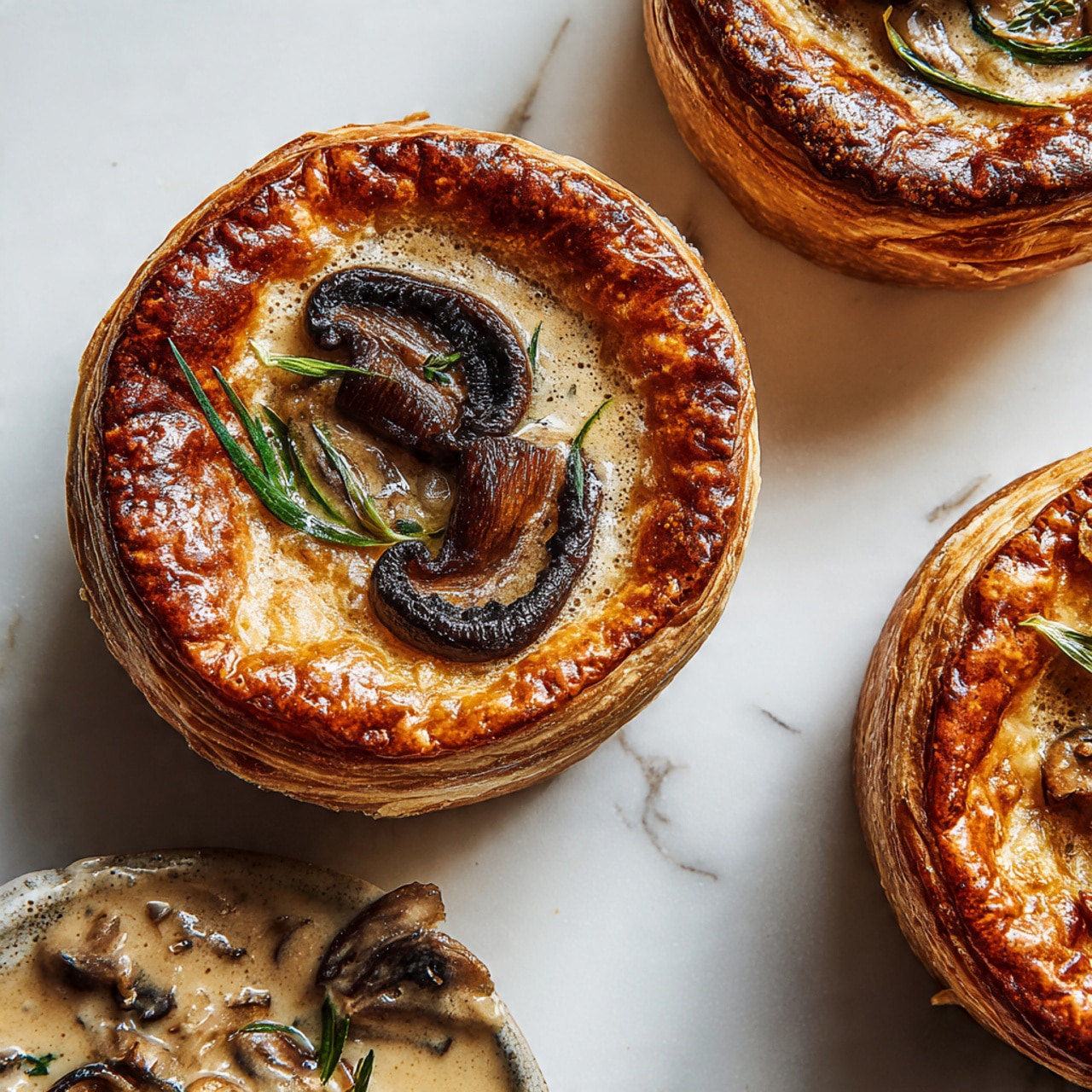 A group of golden-brown puff pastry cups with three visible layers: a crispy flaky outer crust, a soft creamy middle layer, and a topping of dark brown sautéed mushroom slices with a glossy texture, garnished with small green herb sprigs on top. The pastries are placed inside a dark baking tray with round molds, showing the puffed edges rising above the tray. The background includes a blurred kitchen setting and the surface beneath the tray is a white marbled texture. photo taken with an iphone --ar 4:5 --v 7