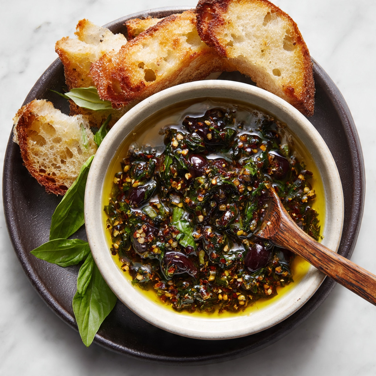 A white bowl sits in the center of a round dark plate on a white marbled surface. Inside the bowl is a mix of olive oil with chopped dark green herbs and small pieces of dark purple olives, creating a shiny, textured layer. A thin wooden spoon rests inside the bowl, partially immersed in the oil and herbs. Around the bowl, torn pieces of crusty bread with a golden-brown crust and soft white inside are scattered casually. Fresh bright green basil leaves are placed near the bread for garnish. Photo taken with an iphone --ar 4:5 --v 7