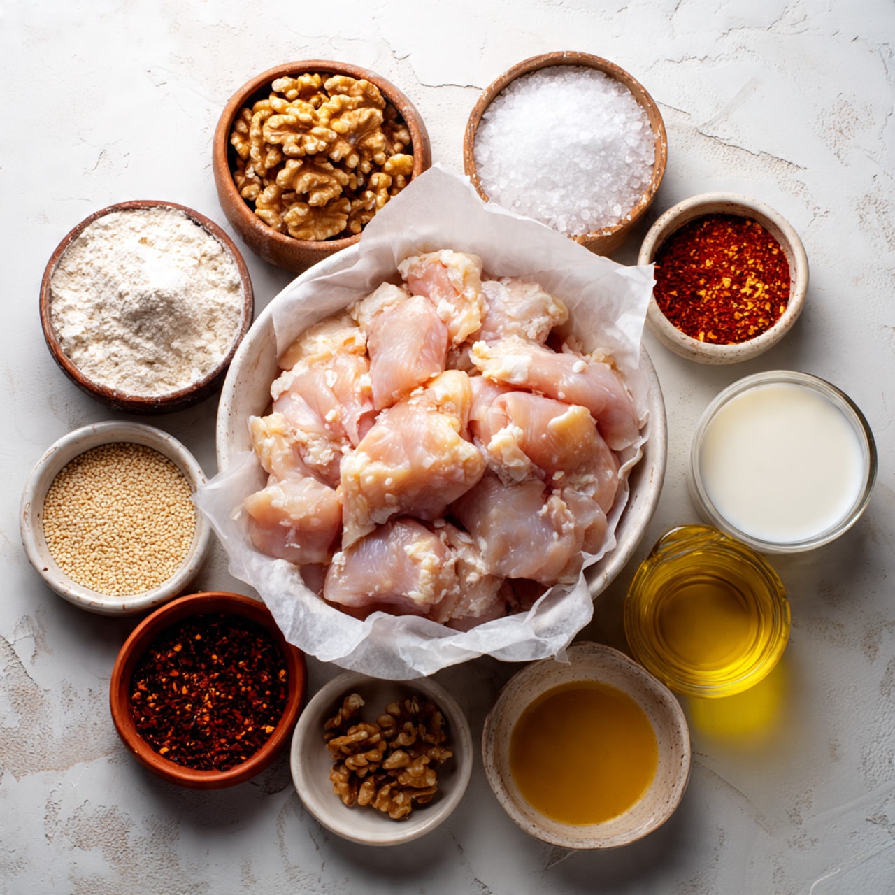 A white bowl lined with brown parchment paper holds many small pieces of raw chicken, pale pink and slightly glossy. Around this bowl are small white dishes and clear glass bowls containing various ingredients: a white powdery flour, a bowl of mixed spices in red, light brown, pale yellow, dark brown, and black, walnut halves in a white bowl, white sesame seeds in a clear bowl, reddish-orange chili flakes, a thick golden honey-like liquid, a pale yellow oil, a clear measuring cup with a cloudy white liquid, and a dark brown soy sauce in a small white bowl. All of this rests on a white marbled surface. photo taken with an iphone --ar 4:5 --v 7
