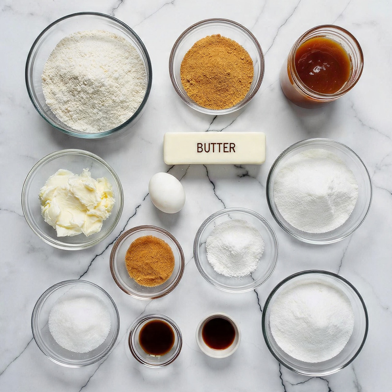 The image shows an overhead view of multiple small clear glass bowls and a white butter stick with labels of baking ingredients on a white marbled surface. The ingredients are arranged in a loose rectangular shape. From top left to right, there is a white butter stick with black text label, a large bowl of white all-purpose flour, a bowl of light brown graham cracker crumbs, and a glass jar filled with caramel sauce. Below these, from left to right, are a bowl with white cream cheese, a small white egg, a bowl of white sugar, and a bowl of powdered sugar. At the bottom of the image, from left to right, there is a small bowl of fine salt, a bowl of light brown sugar, a small dish with dark vanilla extract, and a bowl with white baking soda. All bowls are clear glass, and the background is a white marbled texture. Photo taken with an iphone --ar 4:5 --v 7