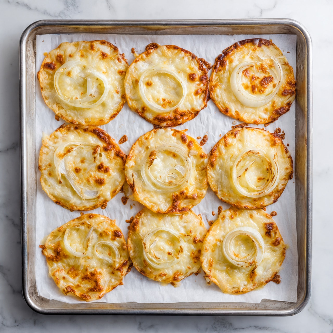 Eight round, flat cheese crisps with a golden-orange color and slightly browned edges sit on white parchment paper on a metal baking tray. Each crisp is topped with a single thin onion ring that has a light yellow color and visible layers. The crisps have a bubbly texture near the edges and are evenly spaced in two columns of four. The scene rests on a white marbled surface. Photo taken with an iphone --ar 4:5 --v 7