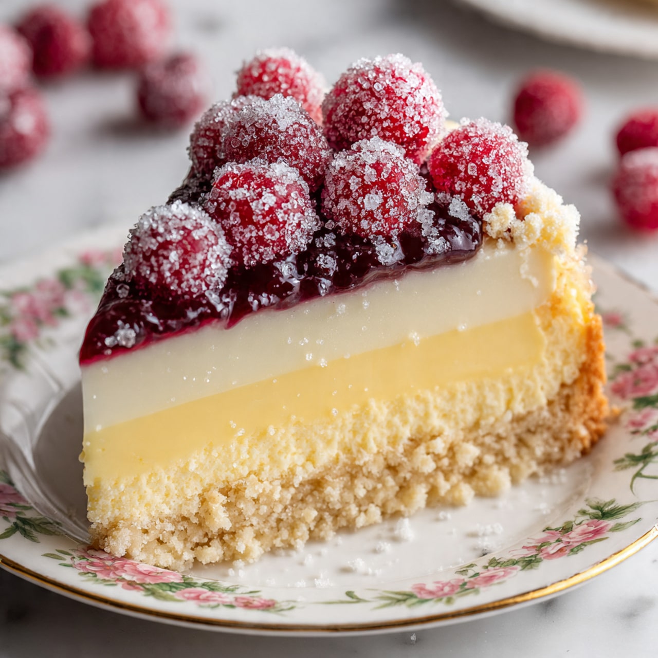 A slice of creamy cheesecake sits on a white plate with a floral pattern. The cheesecake has three visible layers: a light brown crumbly crust at the bottom, a thick pale yellow cheesy middle, and a smooth white topping layer. On top of the white layer are several bright red berries covered in a sparkling sugar coating. More sugar-coated red berries are scattered around the plate on a white marbled surface in soft focus. The photo taken with an iphone --ar 4:5 --v 7