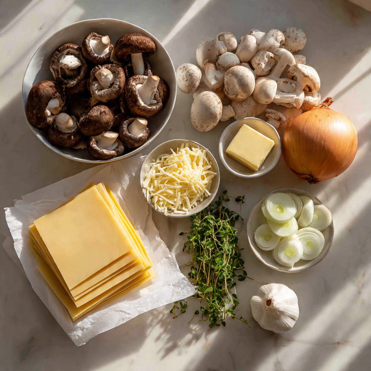 The image shows ingredients arranged neatly on a white marbled surface, including a stack of pale yellow pasta sheets on the bottom left resting on white parchment paper. Above the pasta is a white bowl filled with dark brown mushrooms with white stems. To the right, there are whole white mushrooms clustered near a large round onion with light brown skin. Scattered around are small white bowls holding shredded pale yellow cheese, a square of light yellow butter, some fresh green herb sprigs, and thinly sliced white onions. A white garlic bulb is placed at the bottom right corner. The natural light creates soft shadows across the setup, giving a warm and fresh look to the ingredients photo taken with an iphone --ar 4:5 --v 7