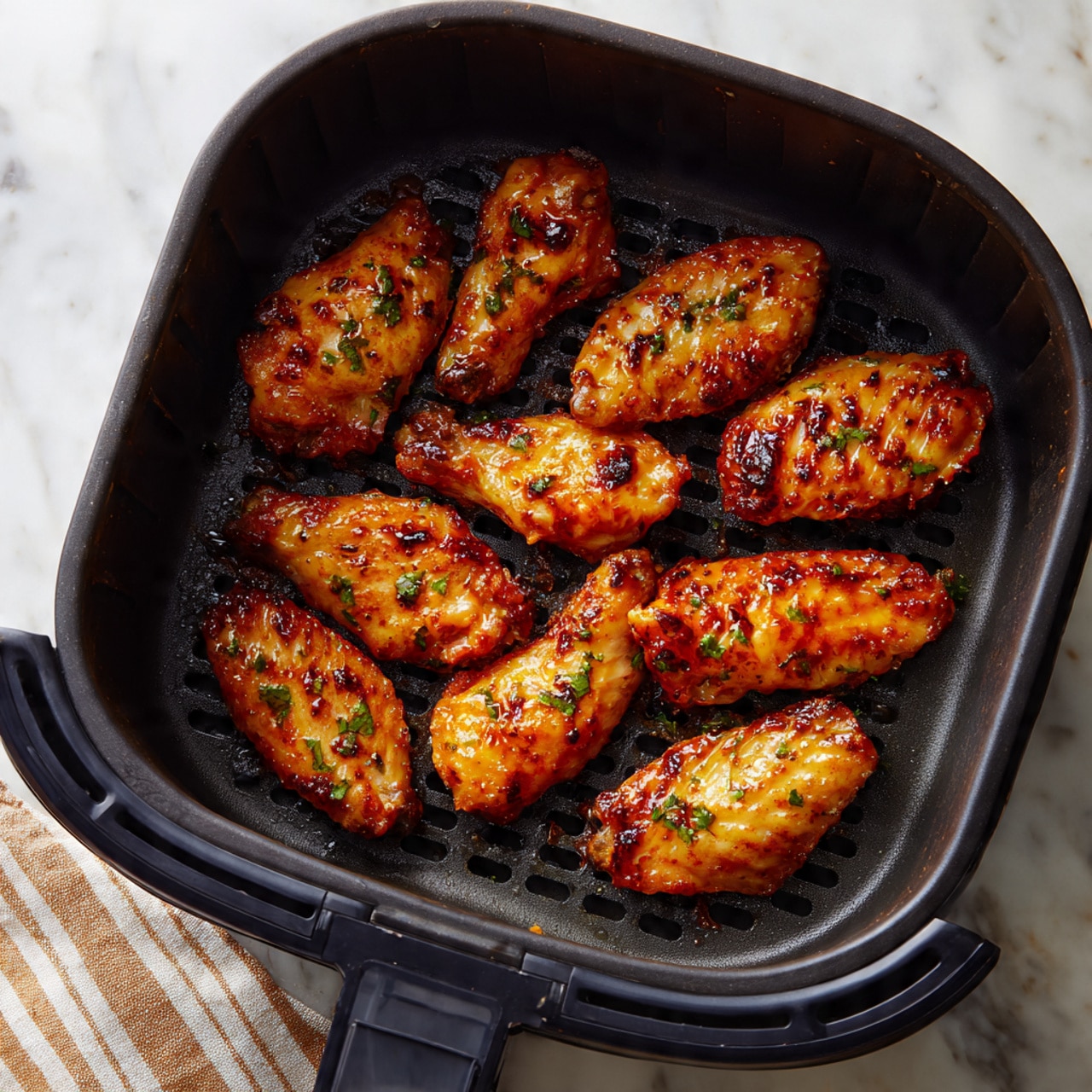 Inside a black air fryer basket with a grid pattern, nine chicken wings are spread out evenly. The wings are well cooked, with a shiny, reddish-brown sauce glaze that gives them a wet and flavorful look. Small green herb bits are sprinkled lightly over the wings, adding a fresh touch. The air fryer basket sits on a surface with a white marbled texture, where a white cloth with orange stripes is partially visible to the side. The scene focuses closely on the wings, showing their crispy texture and the slight caramelization on the edges. Photo taken with an iphone --ar 4:5 --v 7