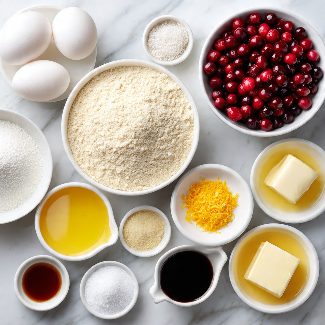 The image shows multiple small white bowls and one white plate arranged on a white marbled surface. In the center, a large white bowl holds a light beige powder. Above it to the right is a white bowl filled with bright red whole cranberries. To the left of the cranberries is a white measuring cup with smooth white cream and below it a small white measuring cup with yellow oil. Below the cranberries and to the right is a white bowl with bright yellow melted butter, next to a small white dish holding a small square of pale butter. Above this are two small white dishes, each with a bright orange zest pile and a small dish with dark brown liquid, likely vanilla. Scattered around are small white dishes containing granulated white sugar, fine white powder, and two white granules. On the far left, a white plate holds three white eggs. The overall look is clean and organized showing ingredients before cooking. Photo taken with an iphone --ar 4:5 --v 7