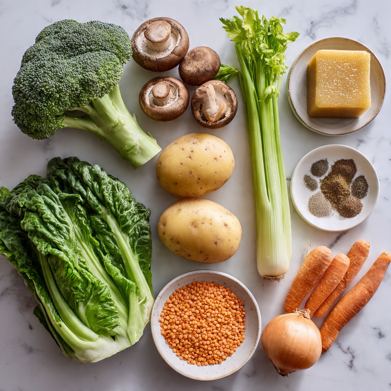 The image shows fresh ingredients neatly arranged on a white marbled surface. On the left, there is a bunch of green broccoli at the top, followed by four brown mushrooms and two large green leafy vegetables at the bottom. In the center, there are three light yellow potatoes placed vertically. Above the potatoes, several long green celery stalks with leaves extend upwards. To the right, there are two bright orange carrots and a whole light yellow onion next to a white bowl filled with small orange lentils. Near the broccoli, there is a small white plate holding a golden-yellow bouillon cube on top of two different ground spices, one dark and one light brown. All the ingredients are fresh and colorful, displayed with clear lighting. photo taken with an iphone --ar 4:5 --v 7