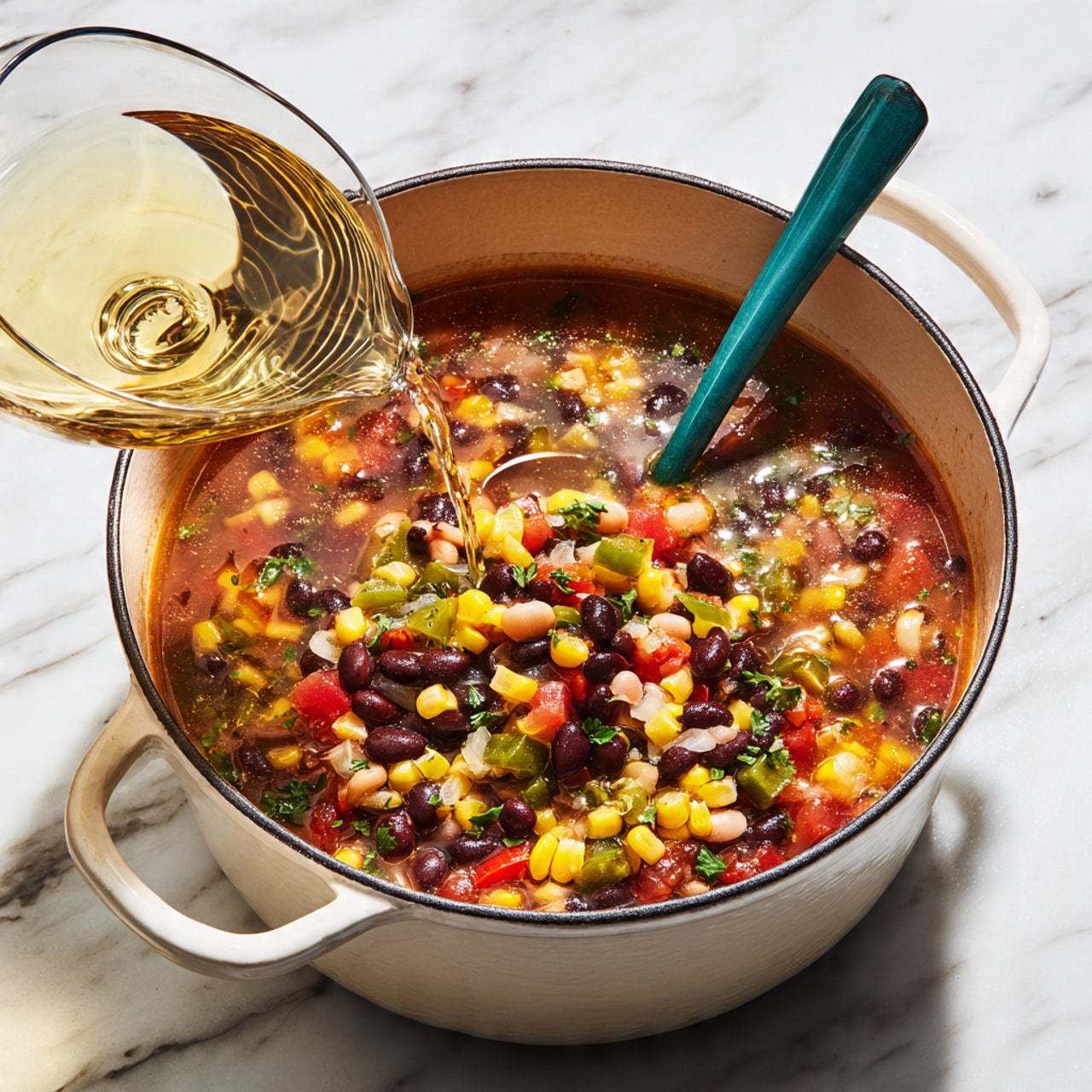 A white enameled pot filled with a colorful mix of food layers, showing bright yellow corn kernels, shiny black beans, and green diced peppers along with small light brown onion pieces, all mixed in a reddish broth. A teal spoon rests inside the pot on the right side, covered with the same mix. Above the pot on the left side, a clear glass bowl pours a pale yellow liquid into the pot. The pot sits on a white marbled surface. Photo taken with an iphone --ar 4:5 --v 7