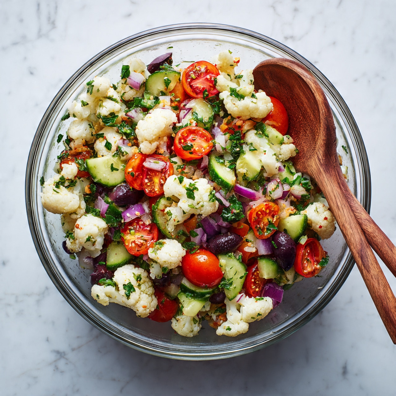 A clear glass bowl filled with a colorful salad made of small white grains mixed with bright red cherry tomato halves, dark purple olives, chopped green cucumber pieces, and small bits of purple onion, all mixed with green parsley scattered on top. Two wooden spoons rest inside the bowl. The bowl sits on a white marbled surface. photo taken with an iphone --ar 4:5 --v 7