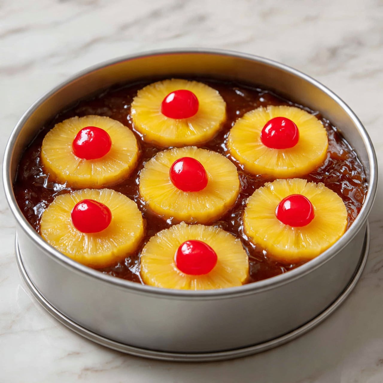A round metal baking pan contains a layered dessert starting with a dark brown base, topped with seven bright yellow pineapple rings arranged evenly across the surface. Each pineapple ring holds a shiny red cherry in its center, and four extra cherries are placed between and around the rings to fill the gaps. The dessert sits on a white marbled surface, highlighting the vivid colors of the fruit and the rich brown base beneath. photo taken with an iphone --ar 4:5 --v 7
