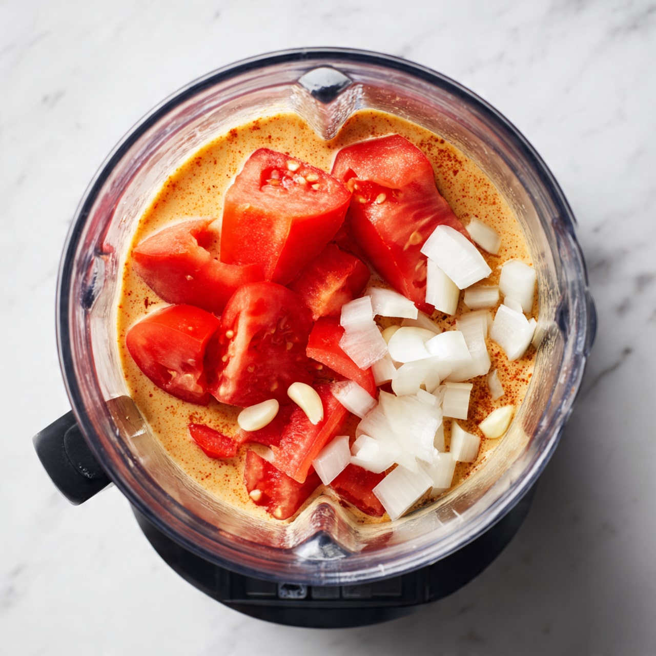 The image shows a blender jar from above with several ingredients inside on a white marbled surface. At the bottom there is a liquid layer, clear and light yellow. On top, there are red tomato pieces cut into large chunks, showing seeds and a juicy texture. Around the tomatoes, white onion pieces, rough and thick, are scattered evenly. A few small white garlic cloves are also visible near the edge of the jar. The jar is clear, and the blender base is black. photo taken with an iphone --ar 4:5 --v 7