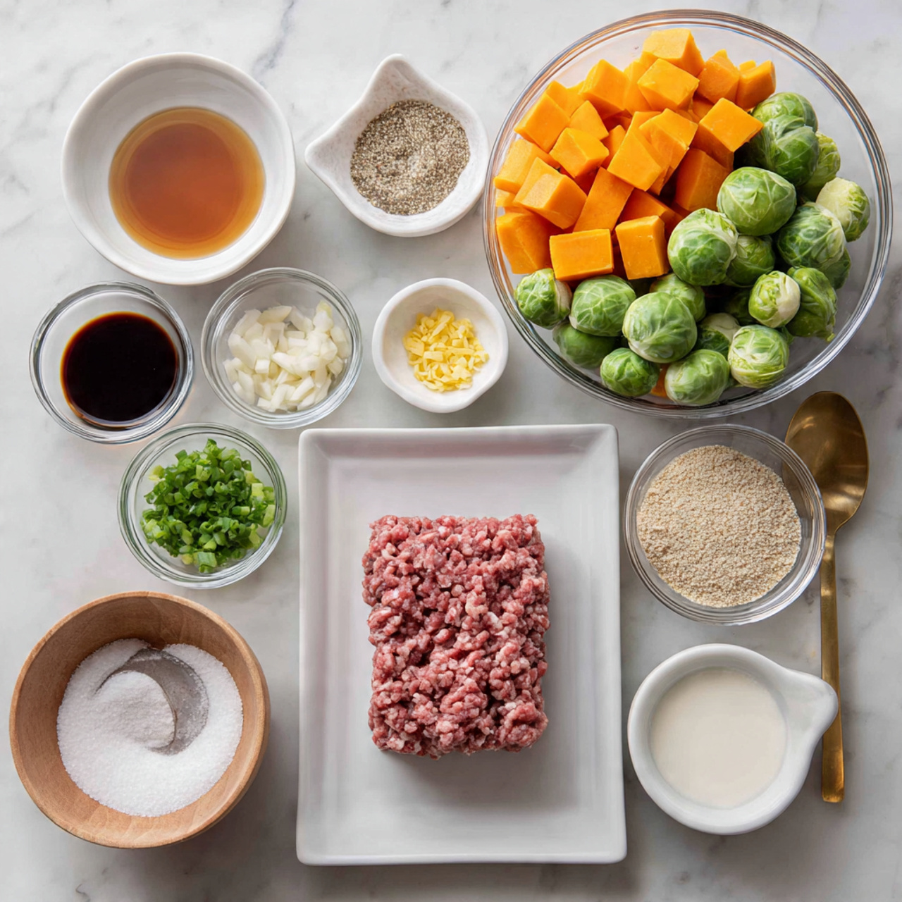 Korean BBQ Meatballs with Roasted Sweet Potatoes and Brussels Sprouts Recipe 4 The image shows a white plate on the right with a rectangular block of raw ground beef, which has a mix of dark red and pink colors and a slightly coarse texture. To the top right, there is a large clear glass bowl filled with roughly cut bright orange sweet potato cubes and green Brussels sprouts, some whole and some halved, with a shiny, fresh look. Around these main containers, there are smaller white bowls and clear bowls holding several ingredients: finely chopped bright green scallions, golden yellow ginger pieces in a small bowl, minced garlic in a clear bowl, and coarse off-white breadcrumbs in a white bowl. Small white bowls also hold seasoning liquids: dark brown soy sauce, light golden sesame oil, dark amber maple syrup, white milk, and a medium gray rice vinegar. A wooden bowl at the bottom left holds coarse white salt, and a metal tablespoon with white cornstarch powder sits just above it. The whole scene is set on a clean white marbled surface with a woman’s hand holding a golden spoon handle visible at the top and bottom right corners. Photo taken with an iphone --ar 4:5 --v 7