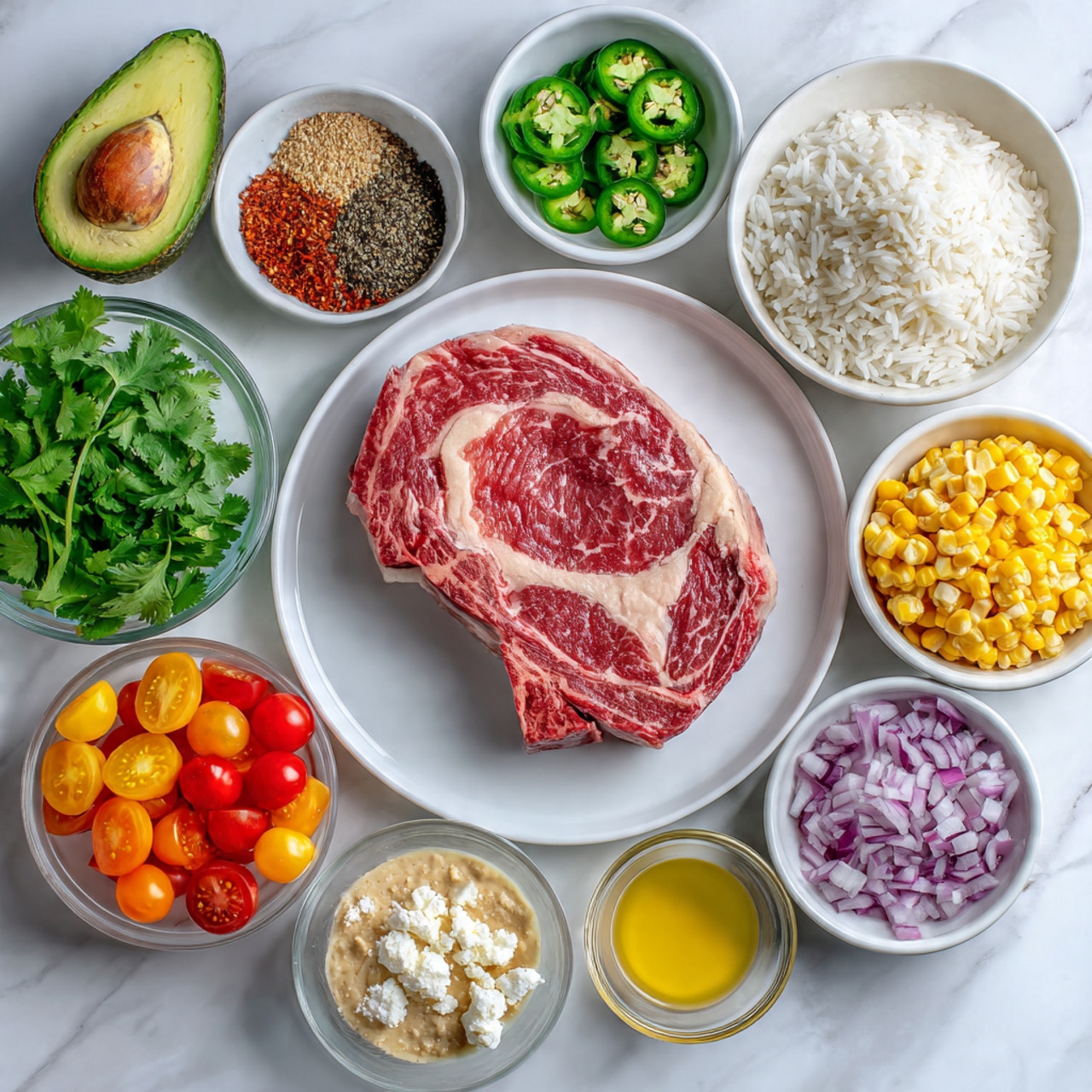 A white round plate in the center holds one raw ribeye steak with red and white marbling. Surrounding it are small white bowls containing various ingredients: top middle has white rice with slightly fluffy texture, top right holds green sliced jalapeños, middle right shows a yellow corn cob, bottom right holds diced reddish-purple onions, bottom middle has a beige creamy sauce, bottom left holds chopped fresh garlic, mid-left contains yellow olive oil, and mid-center has a mix of red, yellow, and orange cherry tomatoes cut in halves. A small clear bowl near the top center has white crumbled cheese, and a small clear bowl at the bottom contains fresh green cilantro leaves. A whole dark green avocado is at the top left, and a small white bowl with different spices like red chili, black pepper, and salt is also visible. The whole setup is placed on a white marbled surface photo taken with an iphone --ar 4:5 --v 7