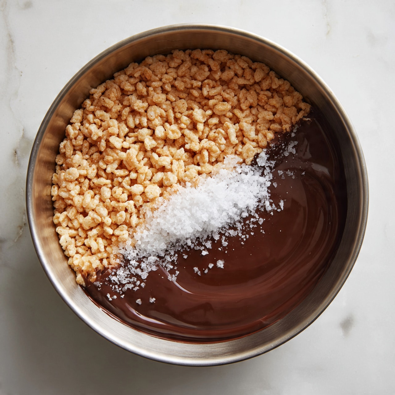 A shiny metal bowl sits on a white marbled surface, filled with three main layers. The bottom layer is a bed of light brown puffed rice cereal with a rough texture. On top of the cereal sits a thick, smooth dark brown melted chocolate layer that covers about half of the cereal. Resting on the chocolate is a small pile of fine white granular salt, adding a small contrast. Photo taken with an iphone --ar 4:5 --v 7