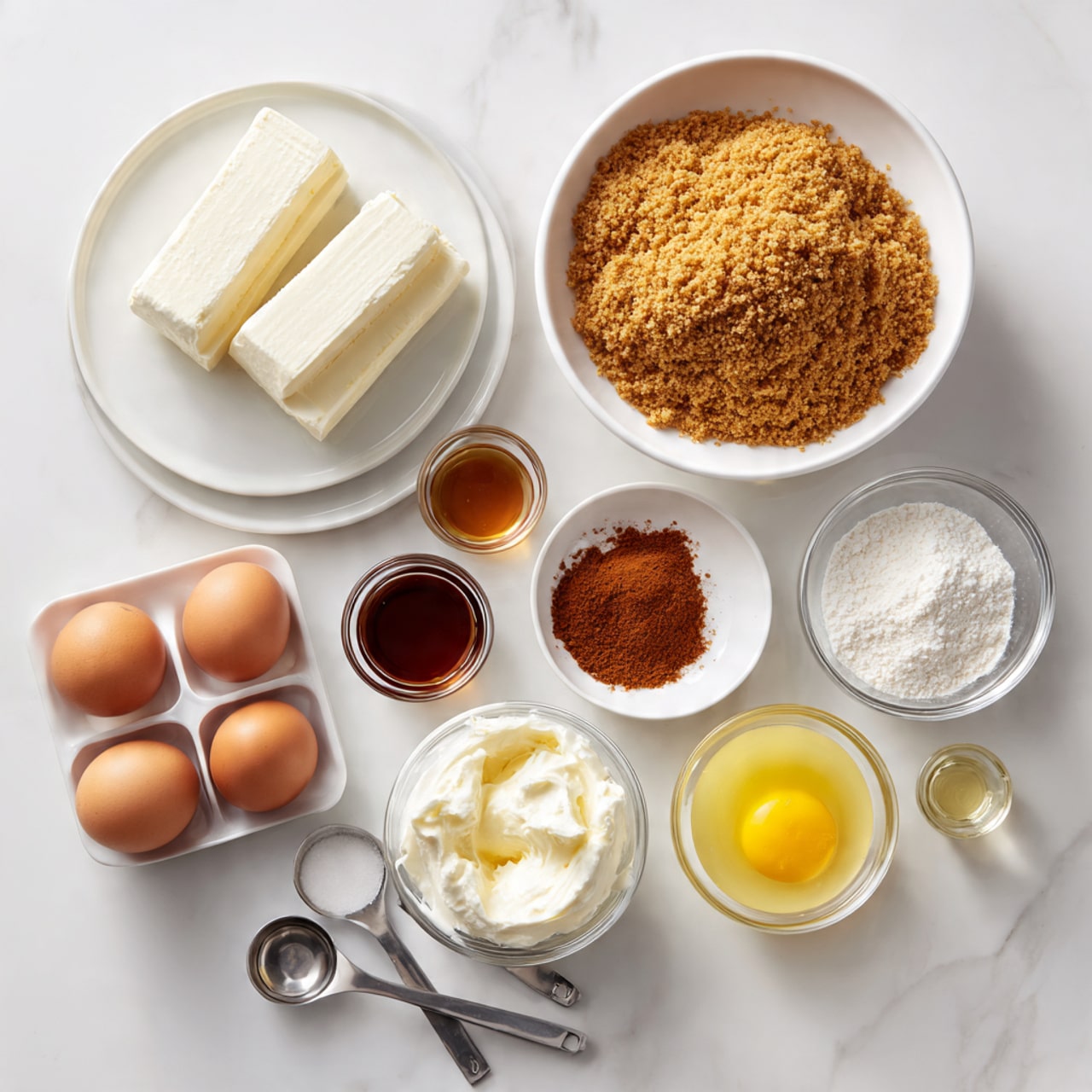 A top-down view shows several ingredients arranged neatly on a white marbled surface. In the center left, a white plate holds three thick, white blocks of cream cheese with a soft texture. Above it, a large white bowl is filled with finely crushed golden brown graham cracker crumbs. To the right of the bowl, there are two small clear glass cups with dark and light brown liquids. Below and to the right of the liquids, there are two metal measuring spoons containing a reddish brown powder and a fine white powder. Three brown eggs sit in a small row near the middle, with a small glass cup of white flour below them. Near the bottom right, there’s a white bowl filled with light yellow melted butter and a small clear cup with a white cream liquid. A clear glass cup with a light brown liquid is placed near the center-left. The whole setup looks clean and organized, with soft natural light. Photo taken with an iphone --ar 4:5 --v 7