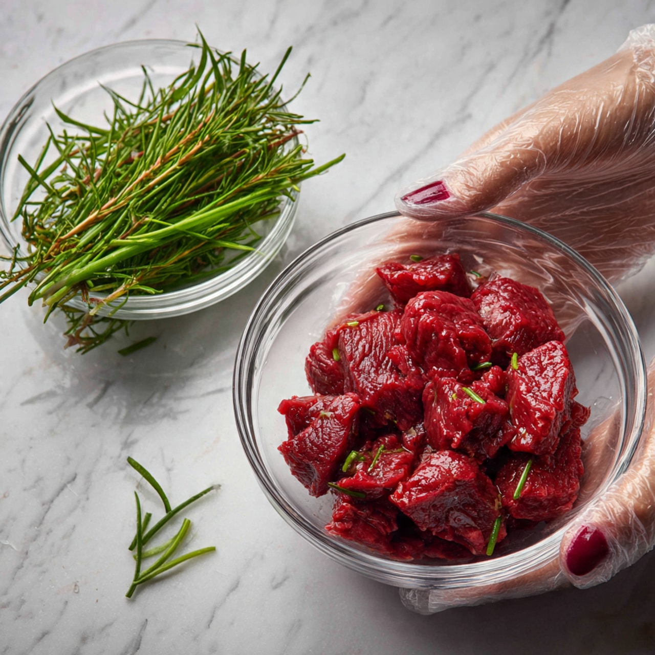 A clear glass bowl filled with several layers of raw, sliced red meat pieces with a shiny, wet texture. A woman's hand with dark red nail polish holds the bowl from the right side while her other woman's hand, wearing a transparent disposable glove, is mixing the meat inside. To the left of the bowl, there is a smaller clear glass bowl containing fresh green onion stalks. Everything is placed on a white marbled surface. photo taken with an iphone --ar 4:5 --v 7